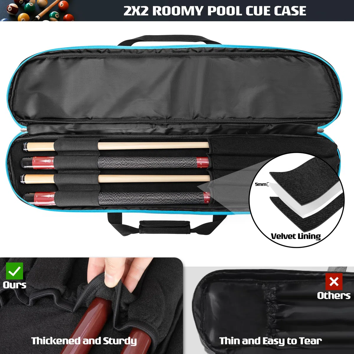 GOBUROS Custodia per stecche da biliardo 2x2 per 2 basi e 2 aste, porta stecche morbido con tasca frontale per accessori, borse porta stecche da biliardo con tracolla per un facile trasporto