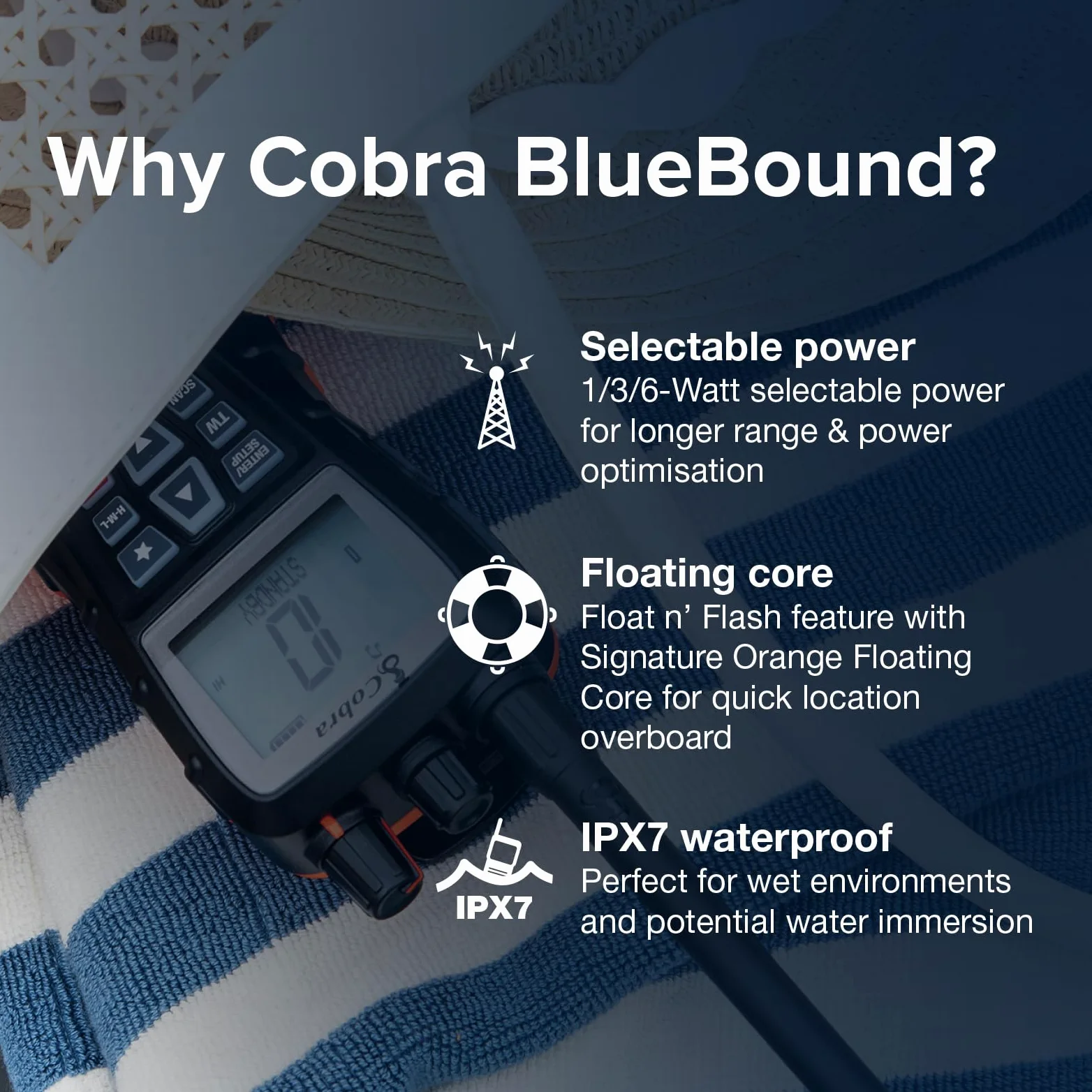 Cobra BlueBound 350 - Radio VHF marina portatile galleggiante da 6 Watt, galleggiante n' Flash, impermeabile IPX7, sommergibile, display LCD giorno/notte, scansione di memoria, Tri-Watch, nero