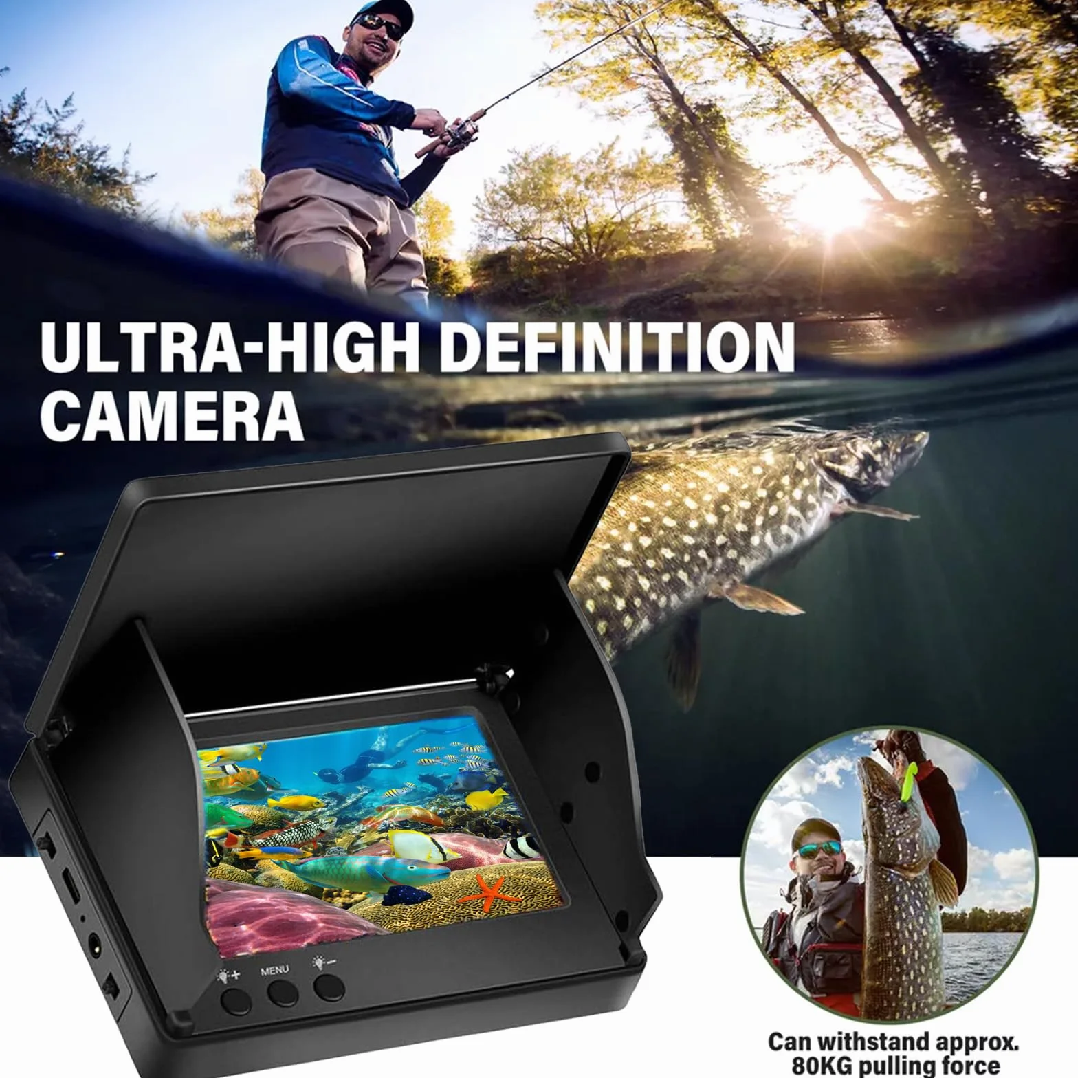 Telecamera Subacquea Pesca, Ecoscandaglio da Pesca Impermeabile IP65 Fish Finder con 5" IPS Display 8000mAh Batteria 30m Cavo 220° Visione Notturna Grandangolare per Pesca in Mare Pesca su Ghiaccio