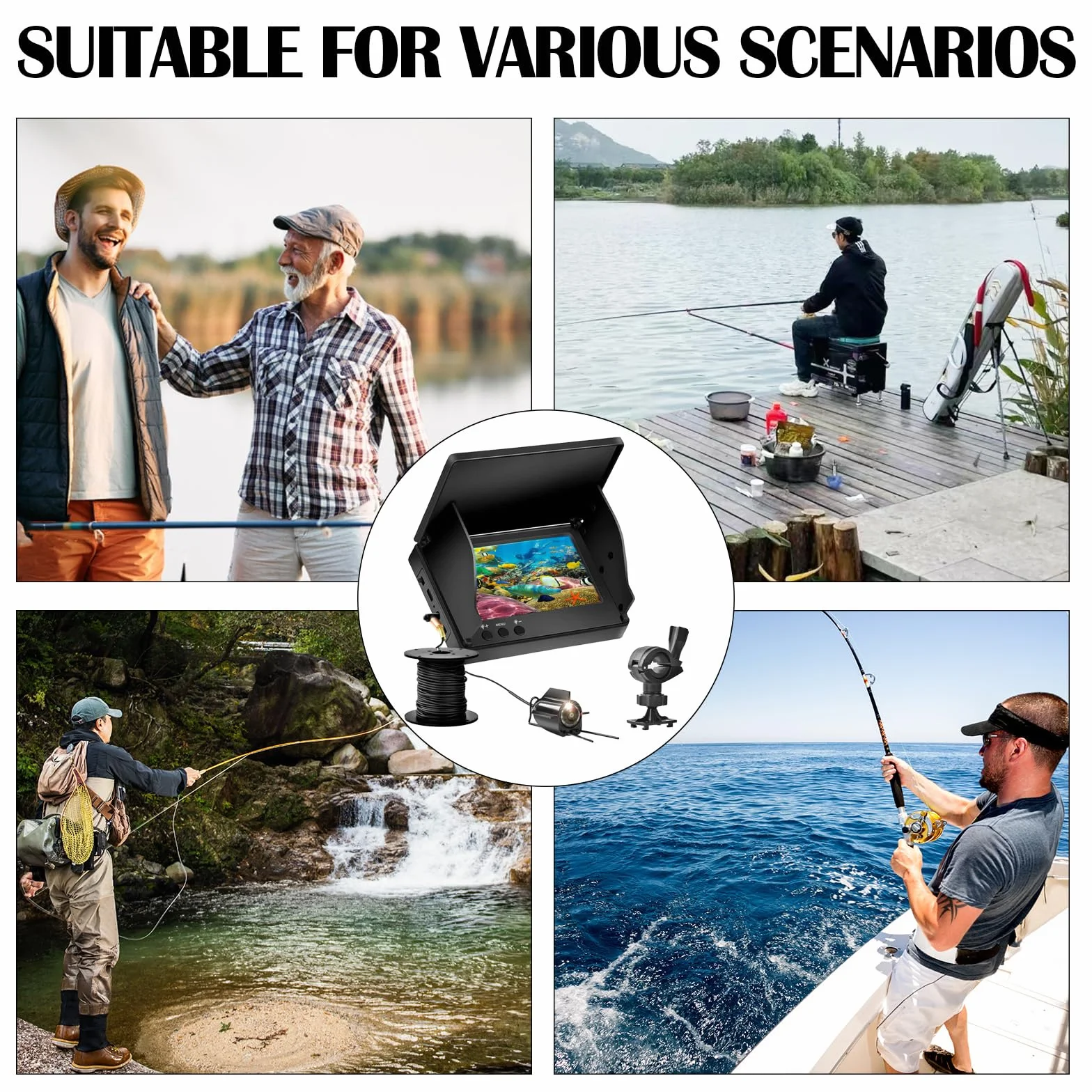Telecamera Subacquea Pesca, Ecoscandaglio da Pesca Impermeabile IP65 Fish Finder con 5" IPS Display 8000mAh Batteria 30m Cavo 220° Visione Notturna Grandangolare per Pesca in Mare Pesca su Ghiaccio