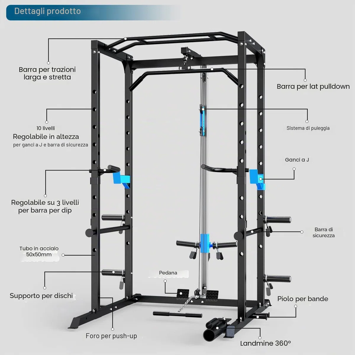 WINNOW Power Cage - Power Rack multifunzione con ganci a J, maniglie per immersioni, attacco per mine antiuomo e sistema di puleggia per cavi opzionale, per palestra domestica