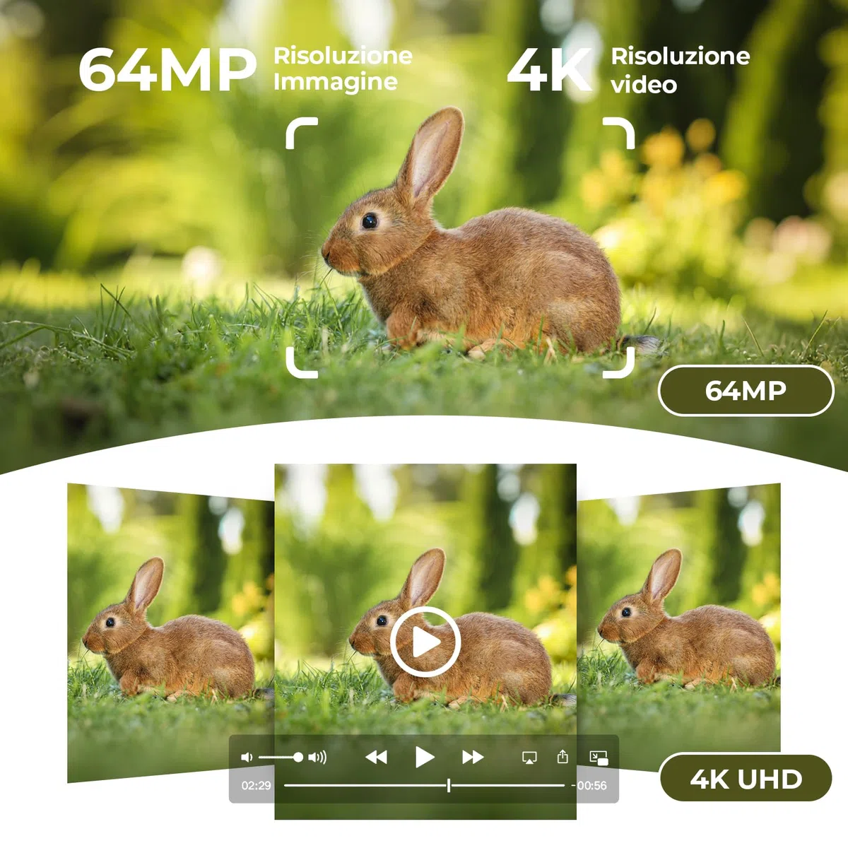 WOLFANG Fototrappola Solare 64MP 4K 30fps, Doppia Lente Wi-fi Bluetooth Fotocamera Caccia con Visione Votturna Stellata, 5000mAh Angolo di Rilevamento 120° Impermeabile IP66