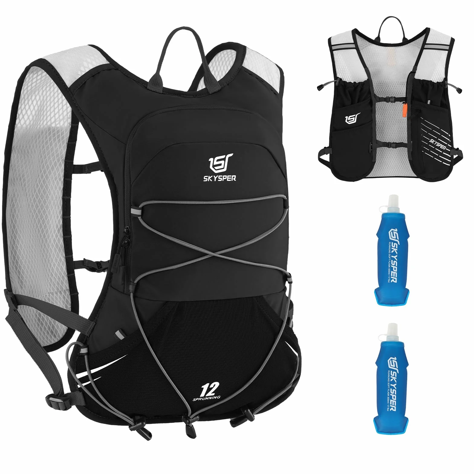 SKYSPER Zaino Idratazione 12L, Gilet Zaino Trail Running con 2 Borraccie Morbide 500ml Zaino da Corsa per Maratona Jogging Escursione Uomo Donna