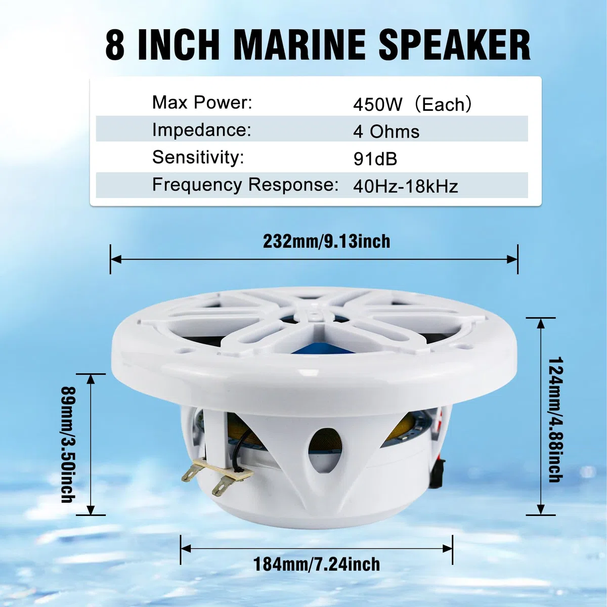 Herdio 8" 450W Marine Speakers - IP66 Waterproof Coaxial Audio, with Blue LED Light for Boats, ATVs, UTVs with UV Resistant White Grille (A Pair)