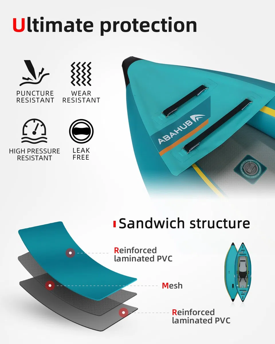 Abahub 320cm/420cm Kayak Gonfiabile con Pagaia, Sedile, Poggiapiedi, Pompa a Mano e Borsa per Kayak Canoa Gommone 1/2 Posti 320/420x89x23cm Azzurro