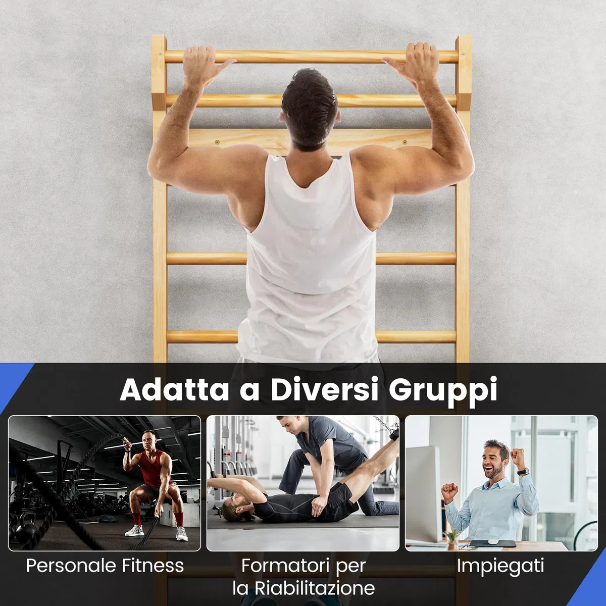 RELAX4LIFE Spalliera Svedese in Legno, Scala Svedese da Allenamento con Barra per Trazioni, Spalliera Palestra per Bambini e Adulti, Carico Massimo 100 kg