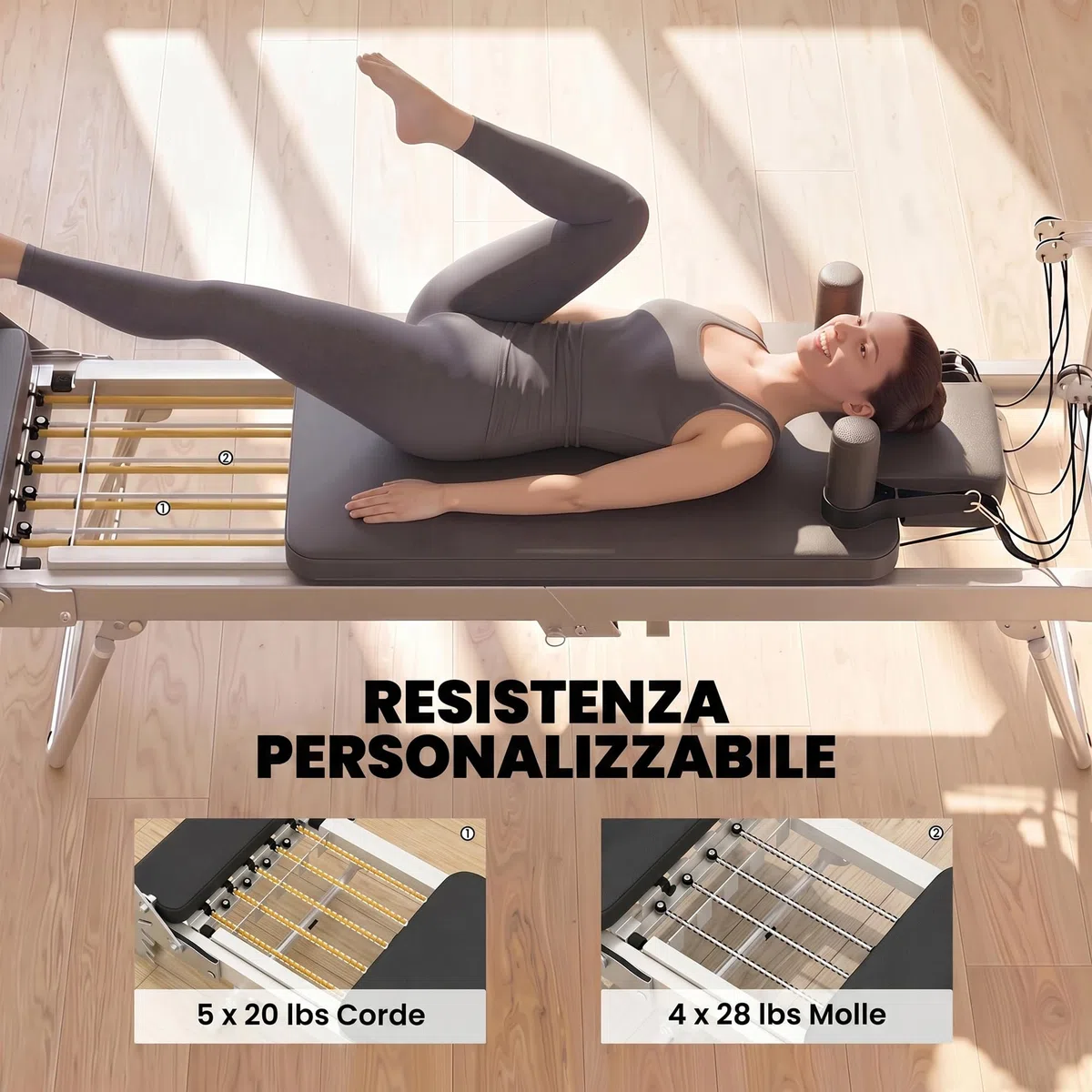 SPORTNOW Reformer Pilates per Casa Pieghevole con Resistenza Regolabile, Macchina Pilates Reformer con Barra Poggiapiedi e Sistema Pulegge Regolabile, Molle, Allenamento Palestra Casa Principianti