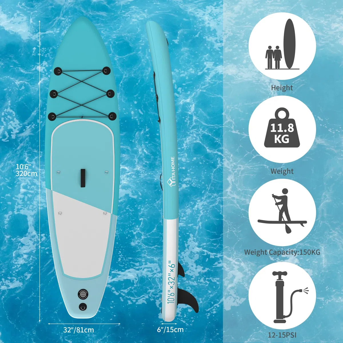 YITAHOME Tavola da surf gonfiabile con accessori SUP incluso zaino, borsa impermeabile, guinzaglio, pagaia regolabile, pompa, per ragazzi 320 x 81 x 15 cm, blu mare e bianco