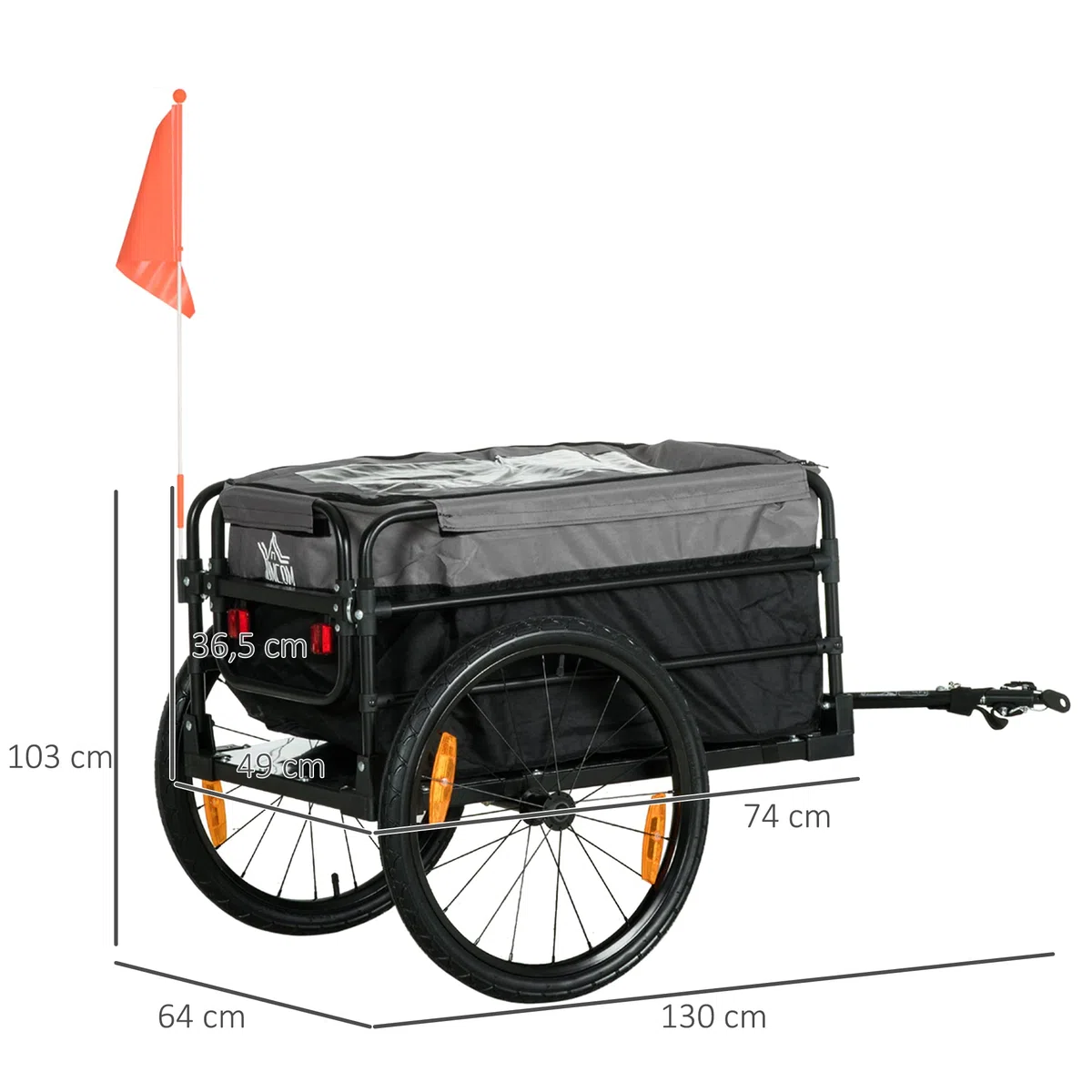 HOMCOM Rimorchio per bicicletta 2 in 1, rimorchio da trasporto, pneumatici da 20 pollici, capacità di carico 40 kg, in acciaio, tessuto Oxford, nero+grigio, 130 x 64 x 64/103 cm