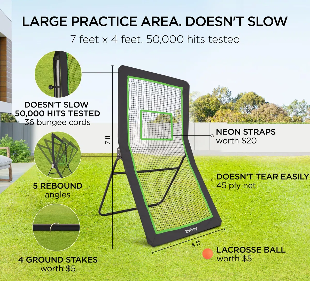 Reti da rimbalzo per lacrosse da giardino, per il cortile, per lanciare e allenarsi, per giocare a lacrosse, pallavolo, baseball, calcio, con bersaglio al neon, palla lacrosse e paletti da terra, 1,2