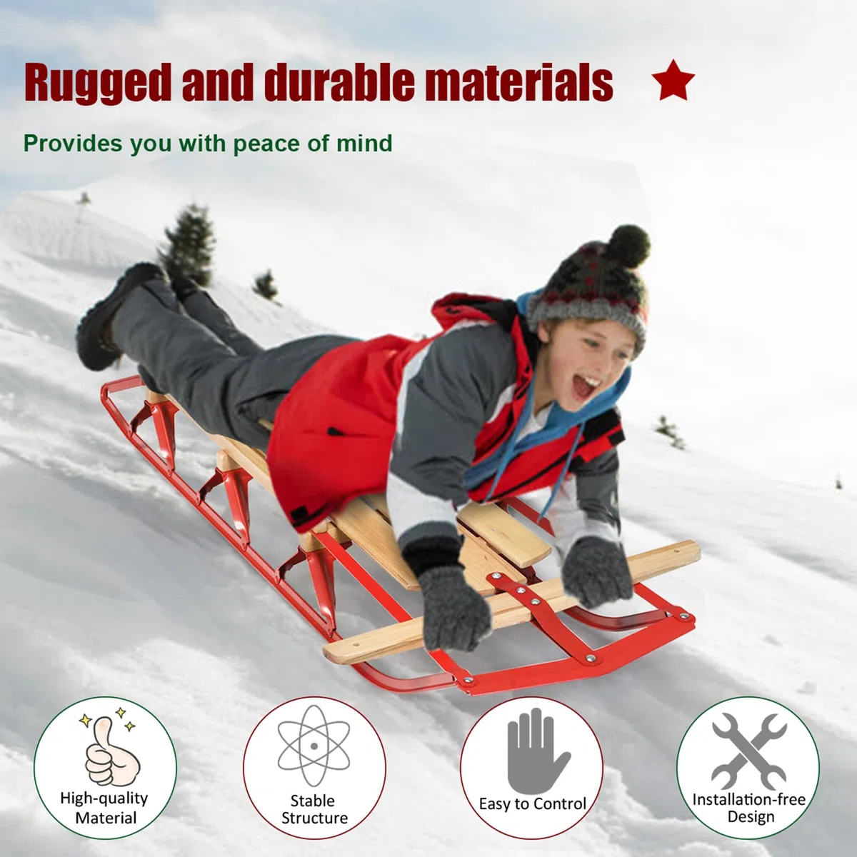 KOMFOTTEU Slittino in Legno e Metallo, Slitta da Neve Portato fino a 150 kg, con Pattini e Maniglie, Slittinoie per Bambini e Adulti, 137 x 58 x 16 cm