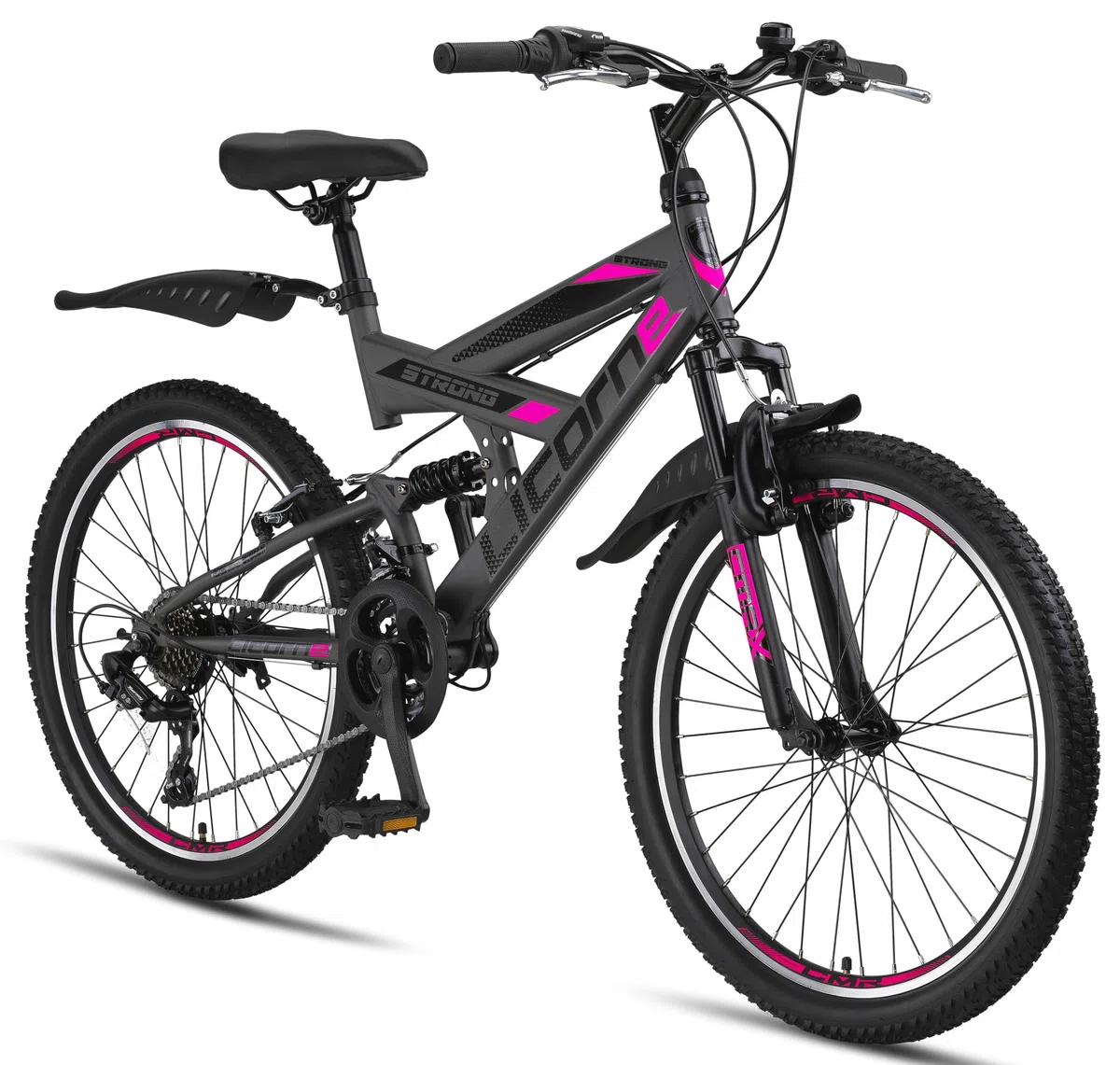 Licorne Bike Premium Mountain Bike Strong da 26 pollici, bicicletta per ragazzi, ragazze, donne e uomini, con cambio Shimano a 21 marce, sospensioni complete