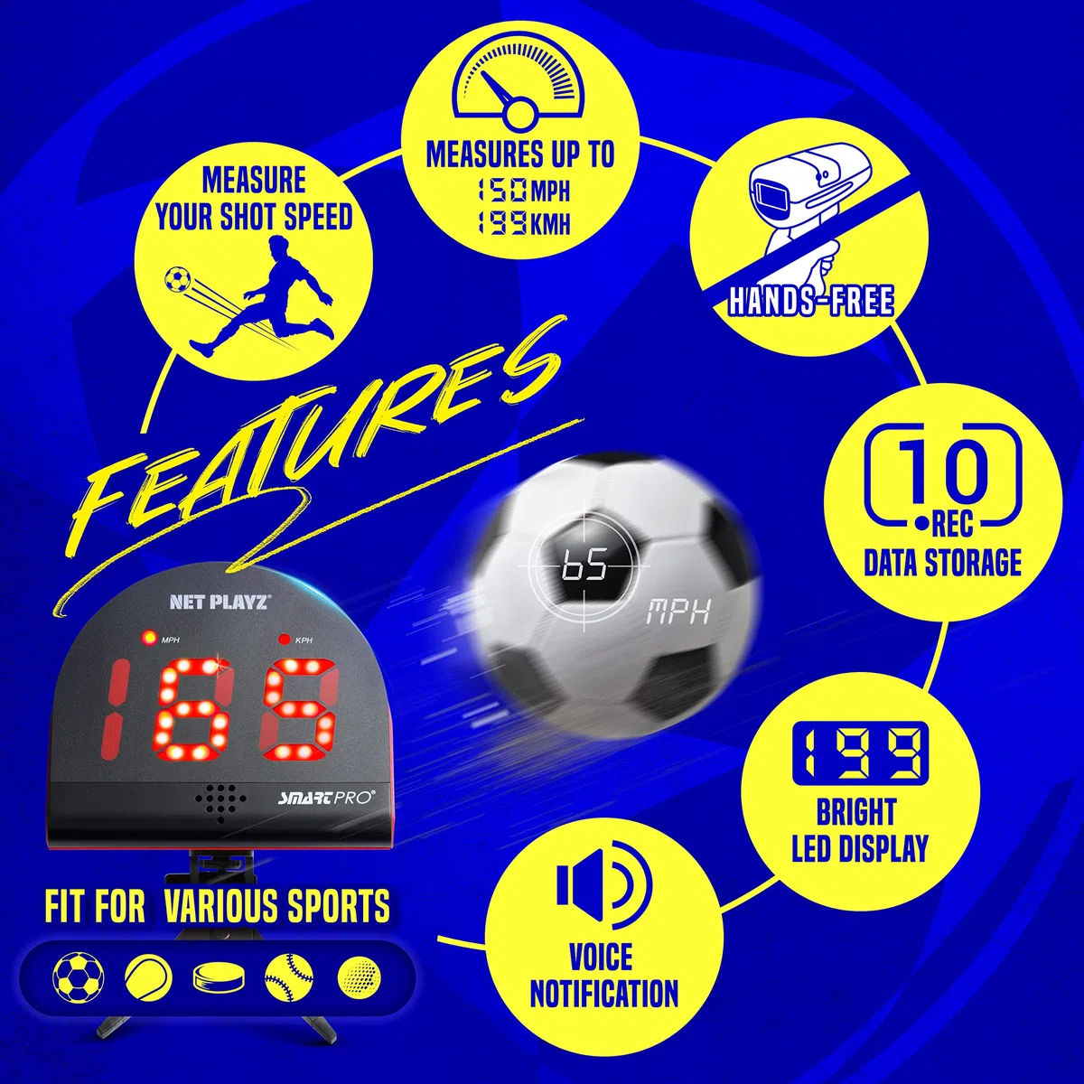 NetPlayz Radar di calcio, Attrezzature per l'allenamento dei sensori di velocità (pistole radar a mani libere, pistole di velocità di tiro | Regali di calcio, gadget e attrezzatura high-tech per