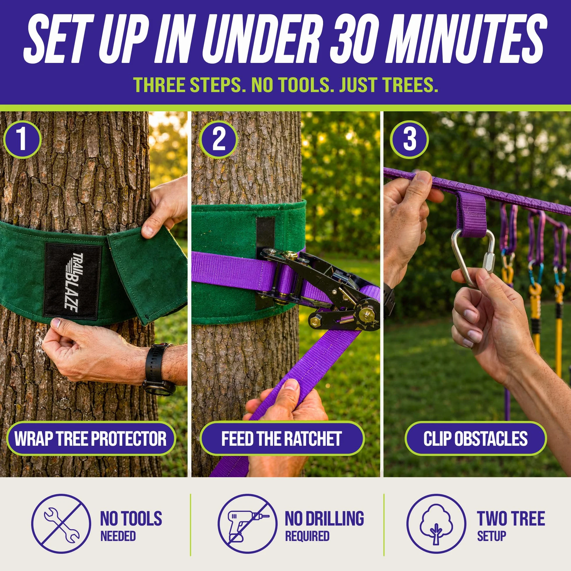 Trailblaze Ninja Line Hanging Obstacle Course for Kids - 40' Set for Backyard American Ninja Warrior Obstacles - Slackline Monkey Bars Kit + Tree Protectors - Carry Bag Included