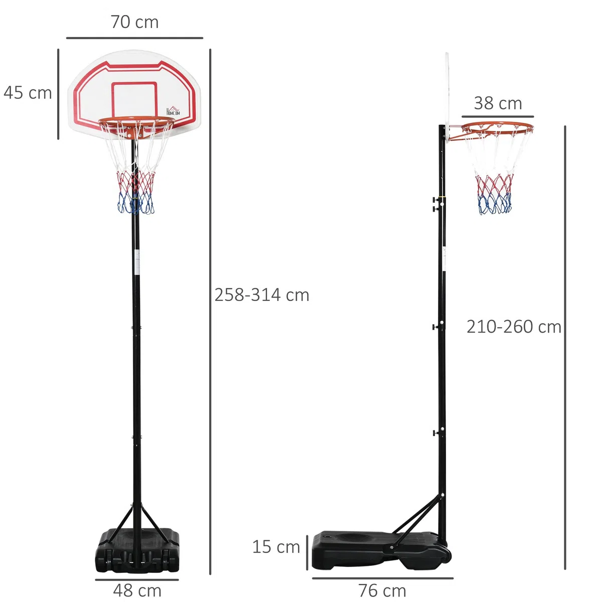 HOMCOM Canestro Basket ad Altezza Regolabile con Base Riempibile e 2 Ruote, Canestro da Basket in Acciaio, PE e HDPE, 70x45x258-314cm, Rosso