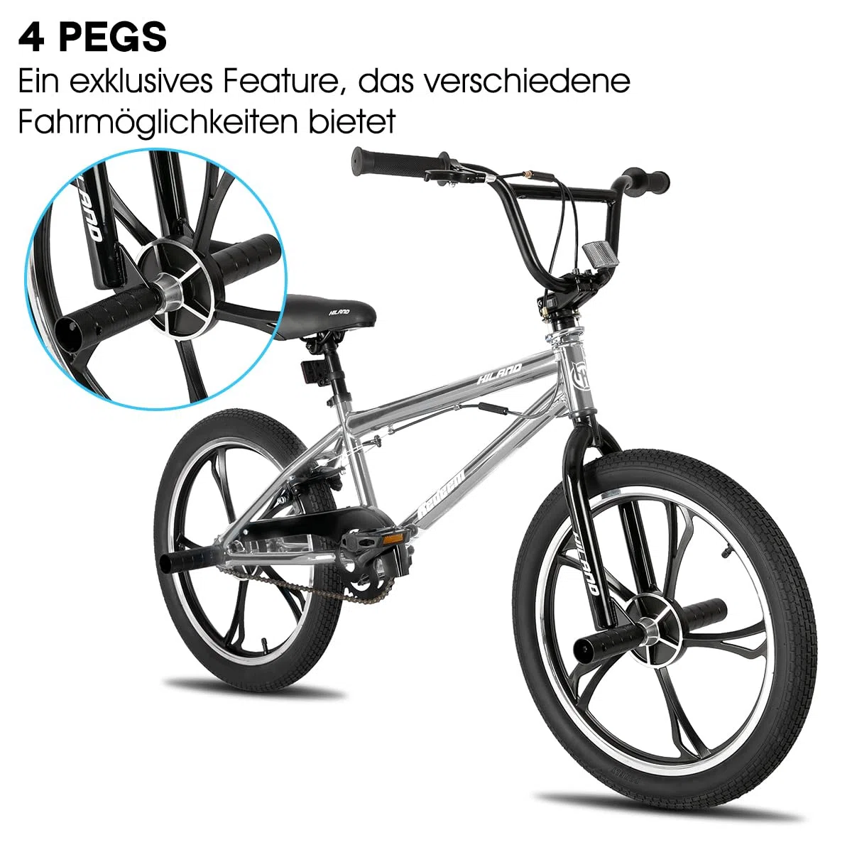 HILAND BMX Bicicletta per bambini da 20 pollici,5 razze, Per bambini e bambine di 7 anni e più，rotore a 361 gradi, freestyle,pedane single speed per bambini,Argento
