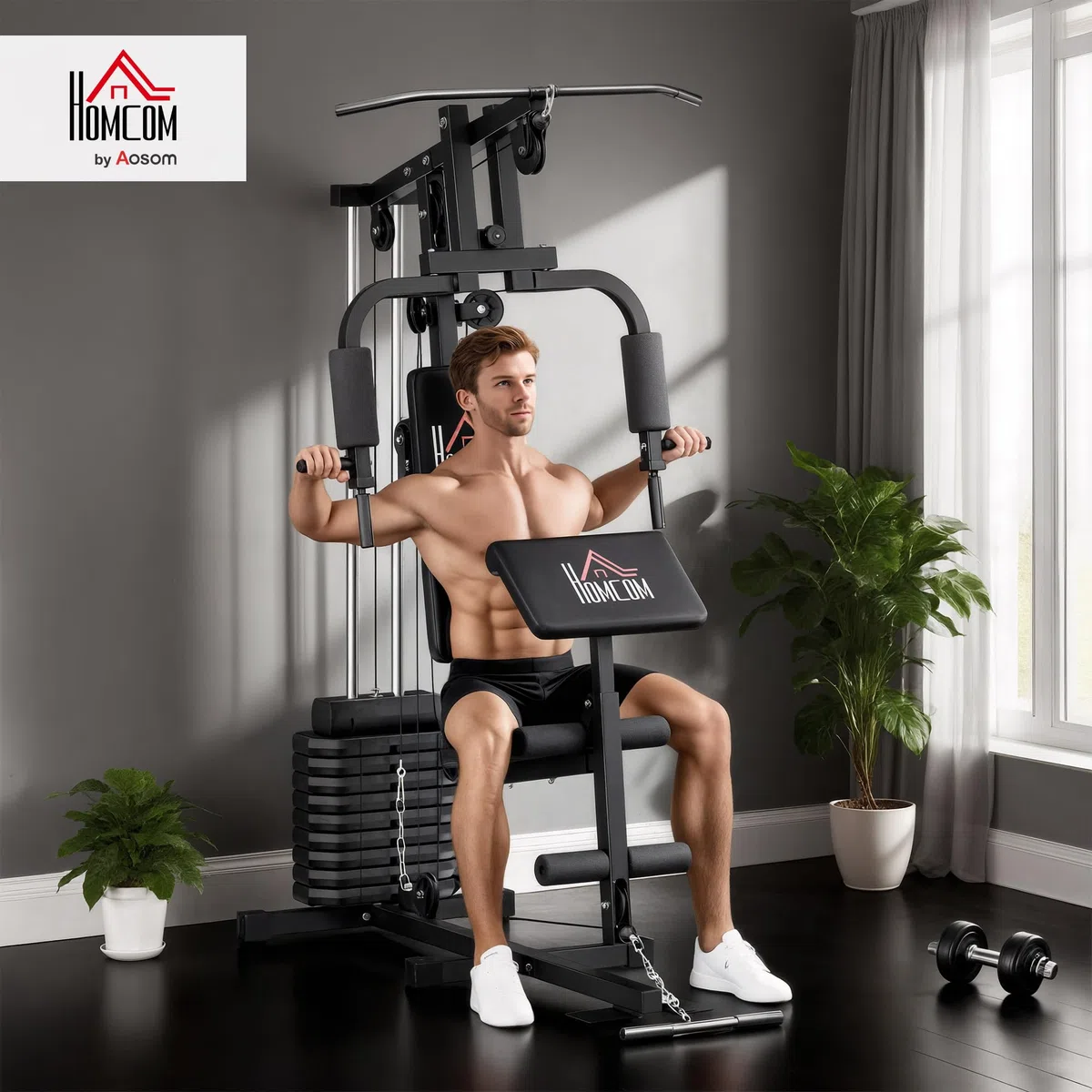 HOMCOM Stazione Fitness Multifunzione Power Tower con Pesi fino 45kg e Panca Imbottita per Allenamento a Casa e Professionale, per Chest Press, Lat Pull Down