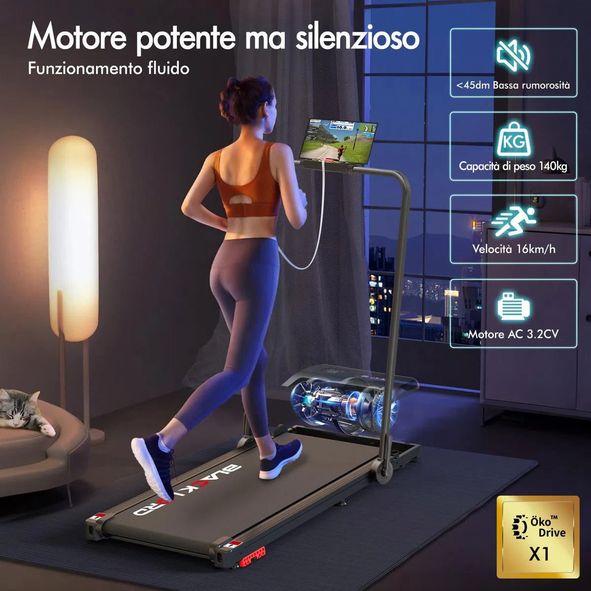 BLACK LORD Tapis roulant, Walking pad 9/12/16 km/h, Tappetino da corsa con/senza inclinazione del 9%, Sotto la scrivania, Portatile, Silenzioso, Display LED, App, Capacità di carico 120/130/140 kg
