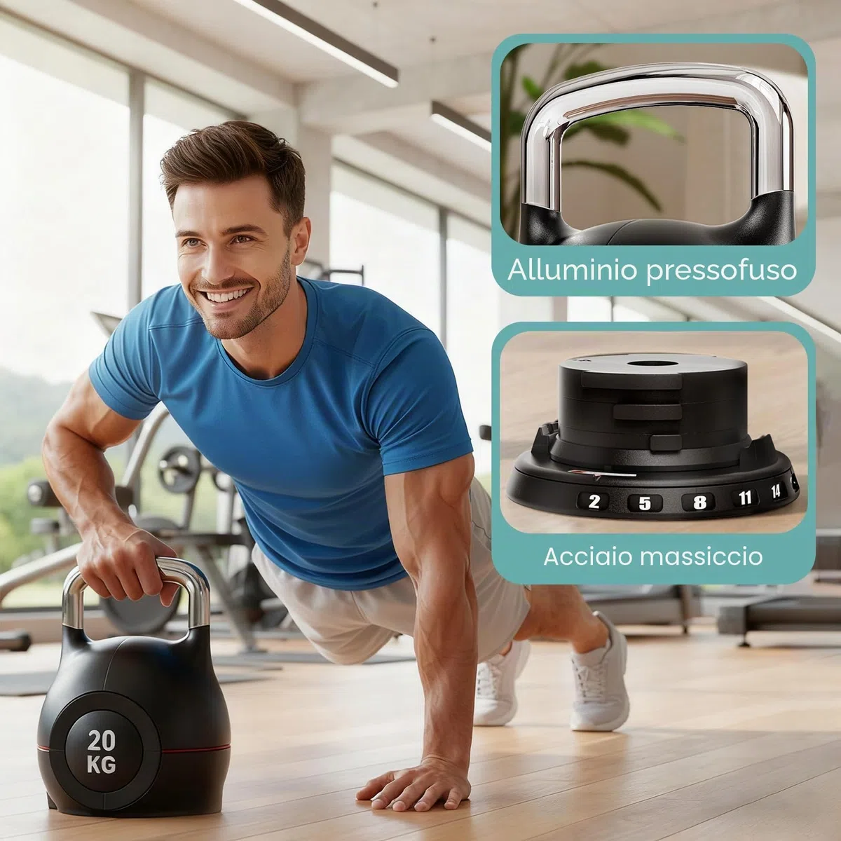 Kettlebell Regolabile 7 in 1, 20 kg Kettlebell con 7 Livelli di Peso, Manubrio per Allenamento a Casa & Fitness, Ideale per Allenamento Completo del Corpo, Compatto & Salvaspazio