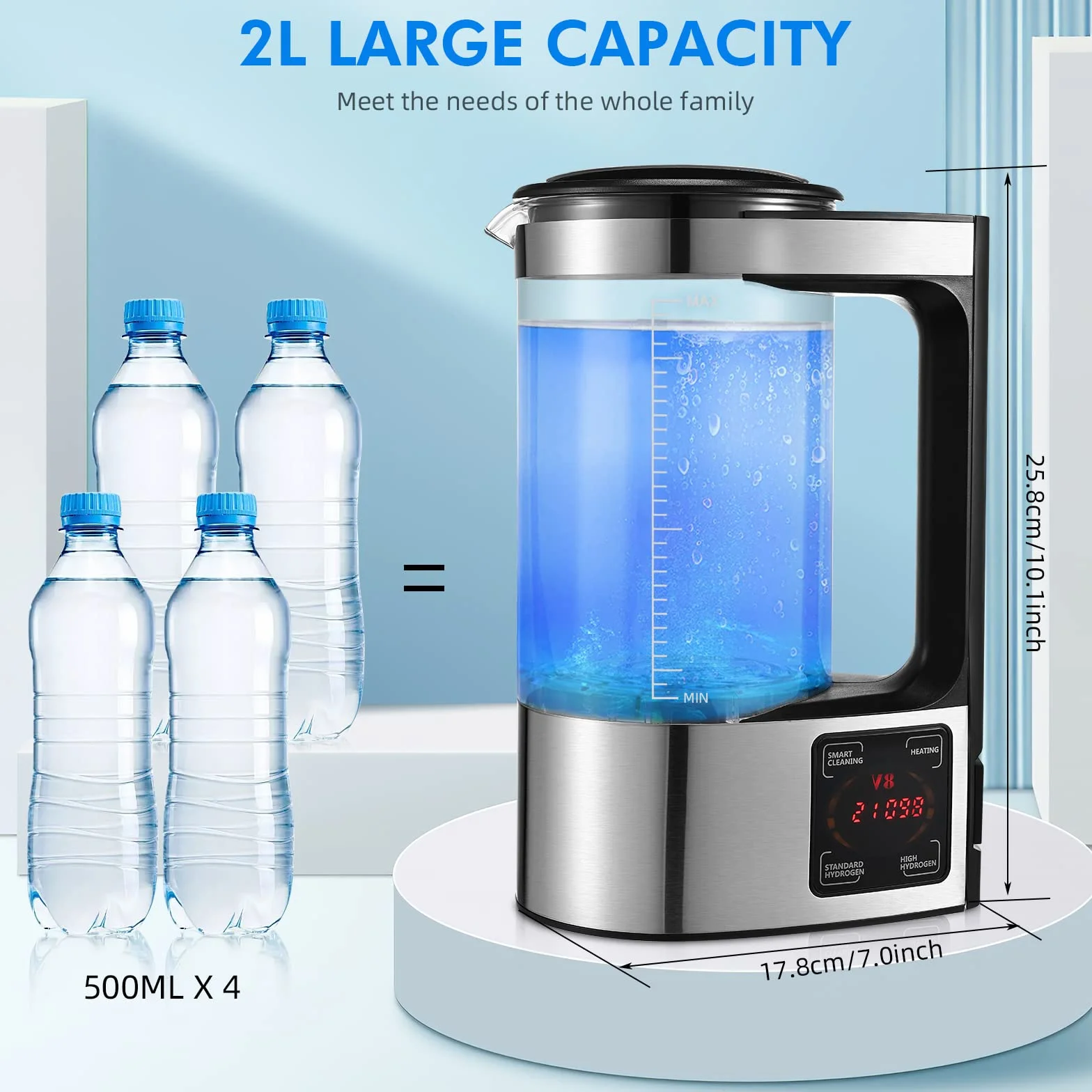 2L Generatore di Acqua Idrogenata, Grande Capacità Generatore di Acqua Idrogenata Ionizzatore, Bombola del Generatore di Idrogeno, Ricarica USB Portatile con Display LED per Casa, Ufficio e Viaggi