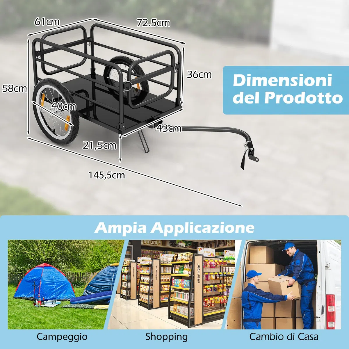 COSTWAY Carrello Cargo per Bicicletta Pieghevole, Rimorchio per Bici con Copertura in Tessuto Oxford e Ruote Pneumatiche con Relfettori, Carrello per Bici con Portata di 55 kg, 145,5 x 61 x 58 cm