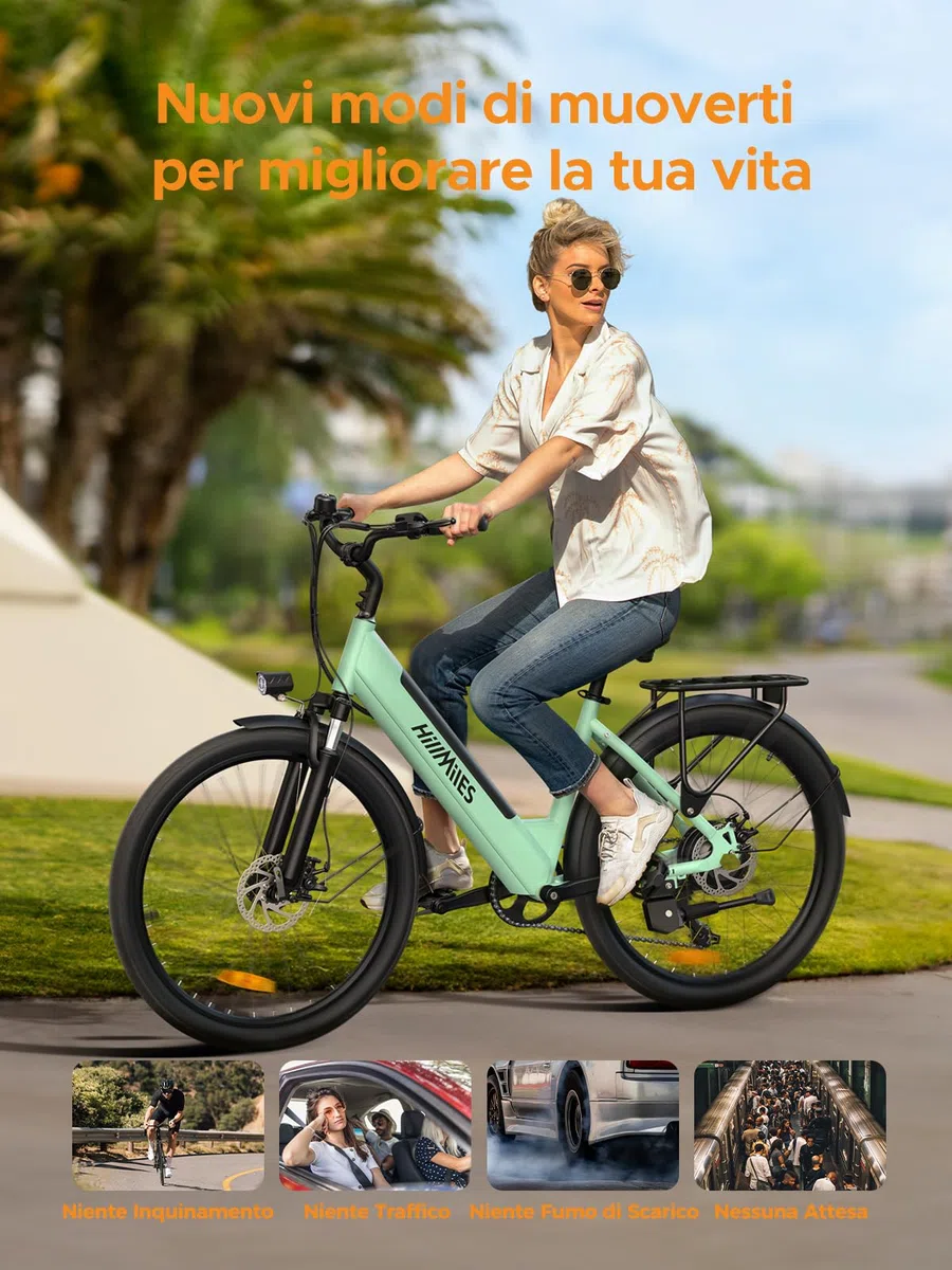HillMiles Bici Elettrica Per Adulti Da 26", 7 Velocità Bicicletta Elettrica da 36V 13Ah Batteria Rimovibile, 25km/h & Autonomia di 80-100km E-bike Per Pendolari Urbani, IP65 impermeabile