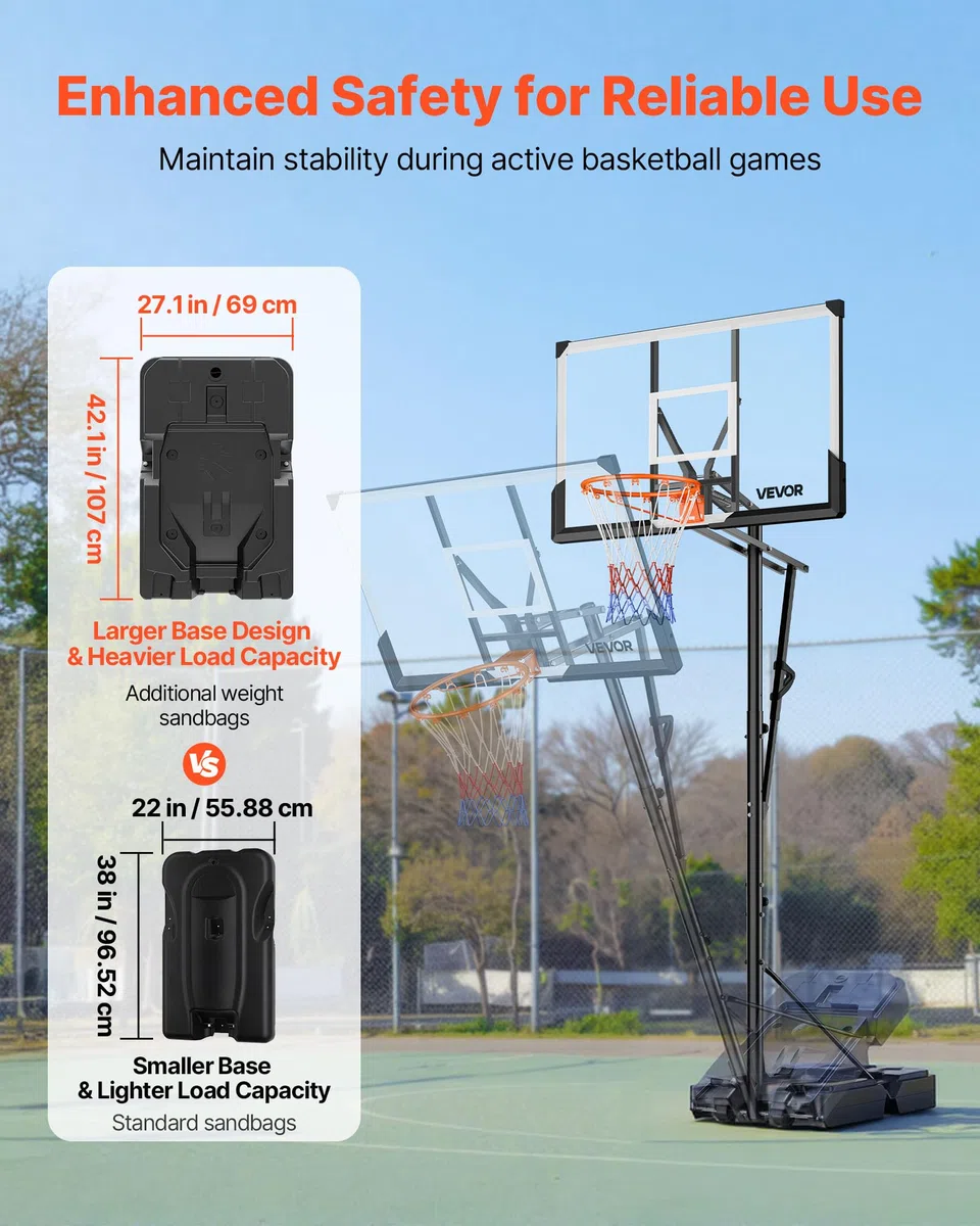 VEVOR Supporto da Basket Portatile Massimo 3,05 m Pallacanestro da Esterno con Piedistallo Regolabile in Altezza Design di Sollevamento, con Ruote e Tabellone PC da 1117,6 mm, per Cortili, Scuole