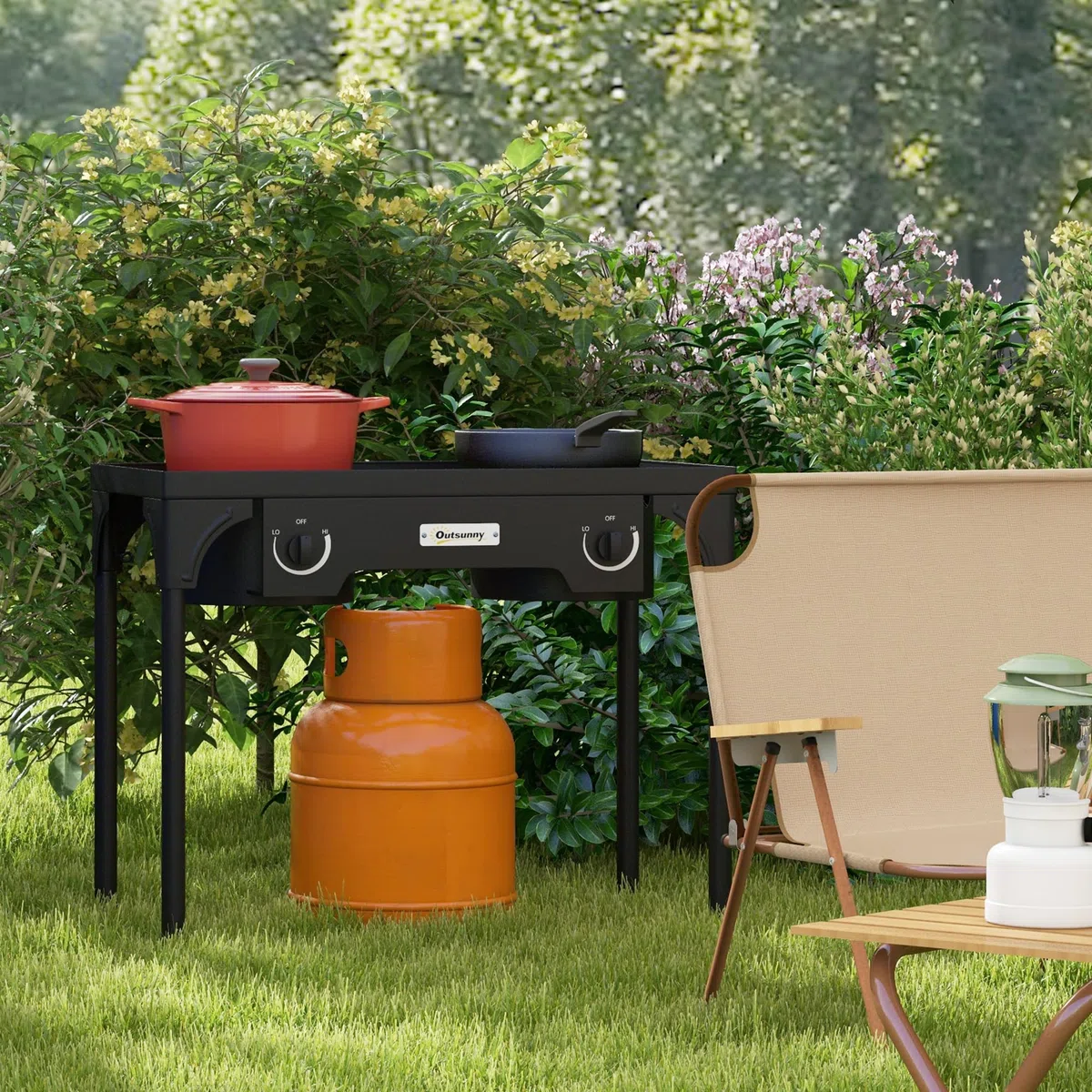 Outsunny Fornello a Gas con 2 Bruciatori 9.2 KW, Fornello da Campeggio in Metallo con Gambe Rimovibili, Nero