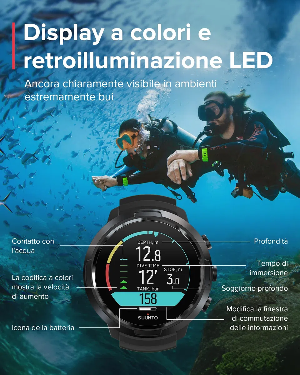 SUUNTO Dive D5 Orologio Subacqueo Digitale, Display Colori, Impermeabile 100 m, Computer Subacquei con Funzioni di Sveglia, Cronometro, Meteo, Bussola, Durata della Batteria 12 Ore in modalità Scuba