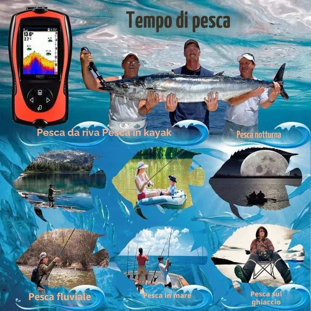 LUCKY Ecoscandaglio da Pesca Portatile Sensore Sonar Trasduttore Cercatore di profondità dell'acqua Schermo a cristalli liquidi Ecoscandaglio Fish Lampada Attraente Sul Ghiaccio Pesca in Mare