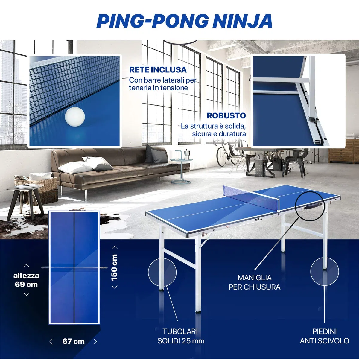 YM Tavolo Ping Pong Pieghevole Mini Ninja Richiudibile in Valigetta, Portatile e Compatto, Telaio in Acciaio con Tubolari da 25mm. Incluse Racchette e Palline. Dimensioni Aperto: cm 150 x 67 x 69