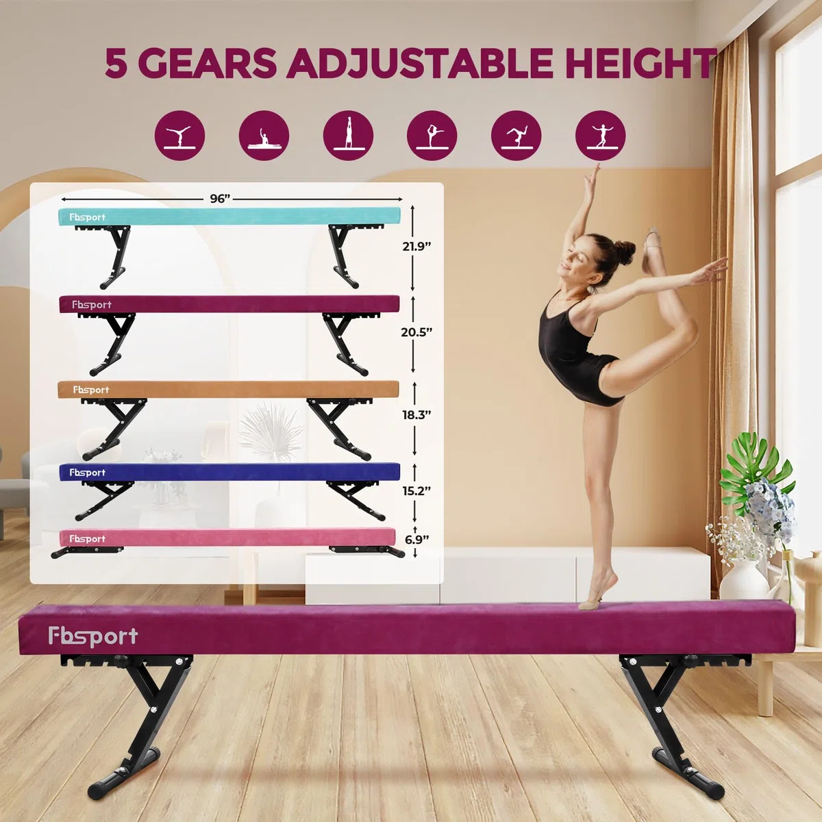 Trave ginnastica artistica per casa regolabile 244CM, trave di equilibrio ginnastica ad alto e basso livello Fascia da pavimento Altamente stabile per bambini 5 altezza regolabiletrave ginnastica