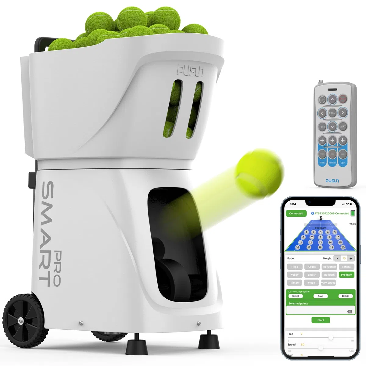 PUSUN Macchina intelligente per palline da tennis - Servizio automatico con controllo APP/telecomando/iWatch, 120 km/h, 28 punti di atterraggio, batteria 4-6H per allenamento/coaching