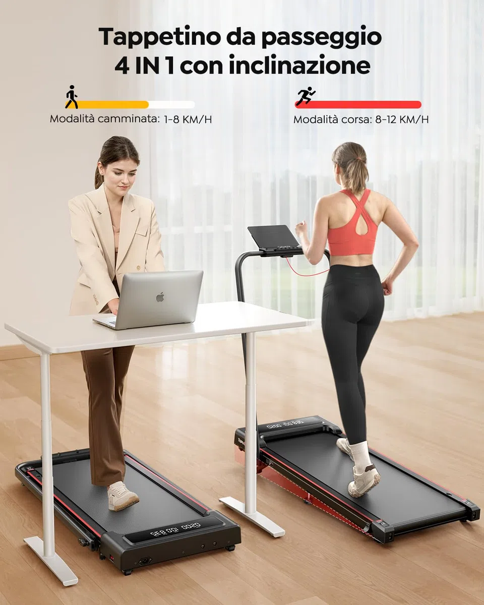 Tapis Roulant Elettrico Pieghevole 12 km/h, 4 in 1 Tapis Roulant con Inclinazione, App, Telecomando e Doppio Display LED, Design Salvaspazio per Casa e Ufficio, Nessuna Installazione Richiesta