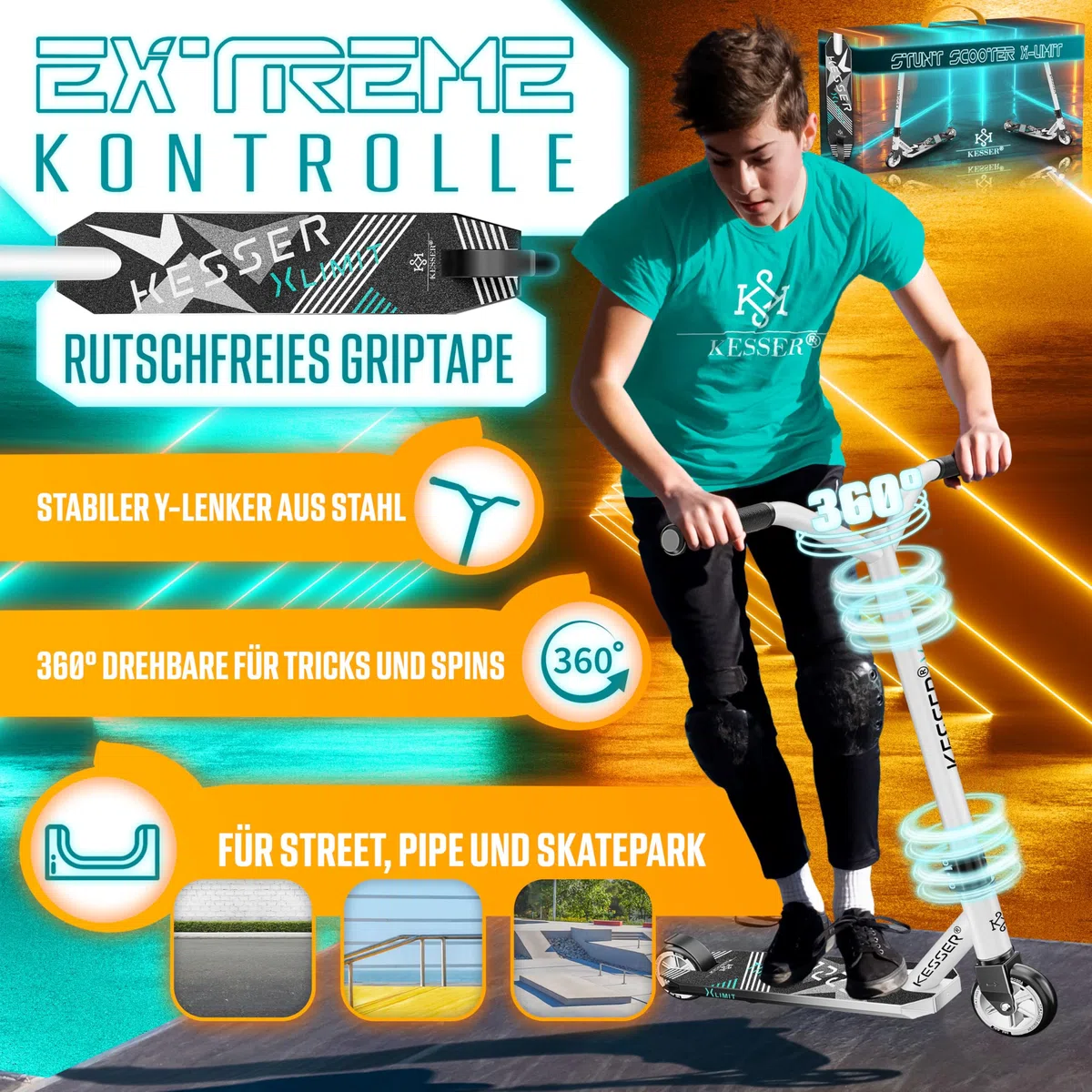 KESSER® Monopattino divertente Monopattino acrobatico X-Limit - Sterzo a 360° con ABEC 9 cuscinetti a sfera ruote in PU da 100 mm Monopattino robusto, Monopattino per bambini adulti