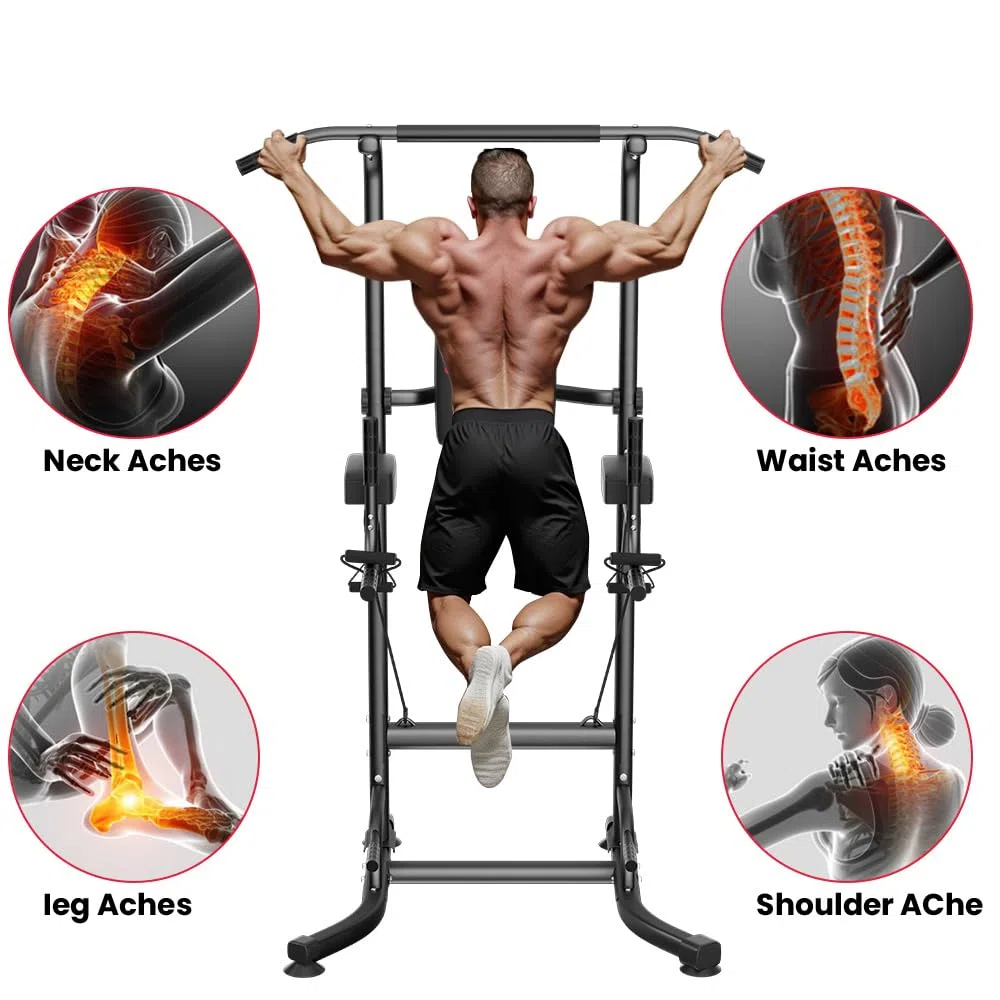 Torre da Allenamento con Barra per Trazioni e Stazione Dip per Palestra Domestica, Altezza Regolabile, Portata 150 KG con Ventole Antiscivolo, Base in Acciaio a Forma di H