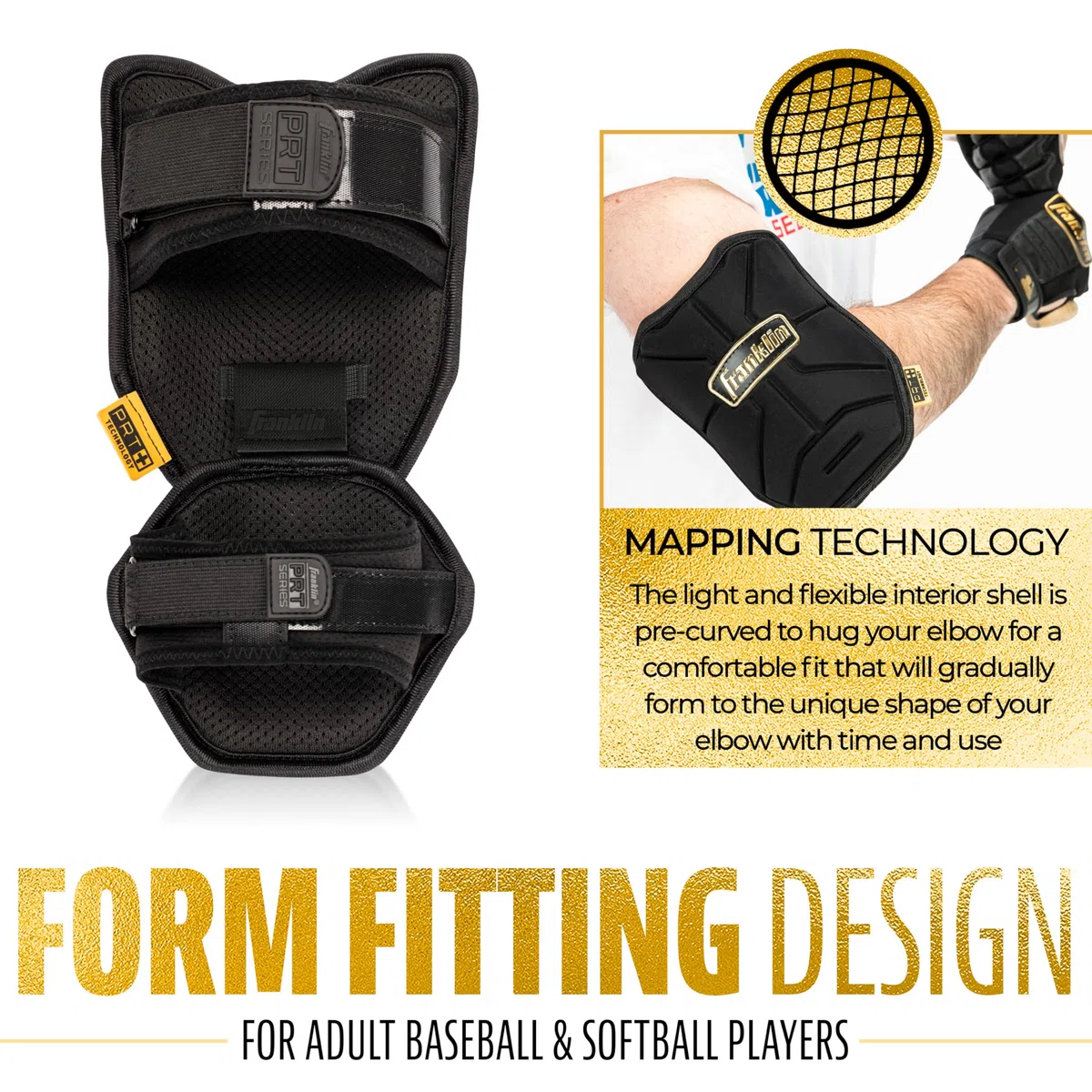 Franklin Sports Protective Elbow Guard Protezione per Gomito, Adulti, Unisex, Nero/Oro