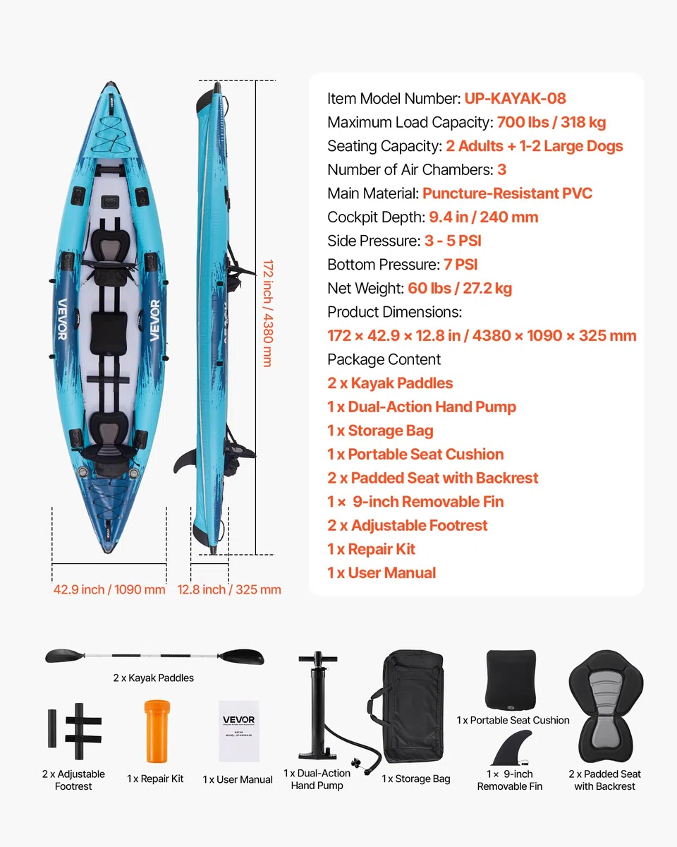 VEVOR Kayak Gonfiabile per 2 Persone, Capacità 317,5 kg, Resistente a Perdite e Forature, con Seduta Imbottita, Pavimento in PVC, 2 Pagaie, Pompa a Mano, Borsa Trasporto, per Pesca e Campeggio