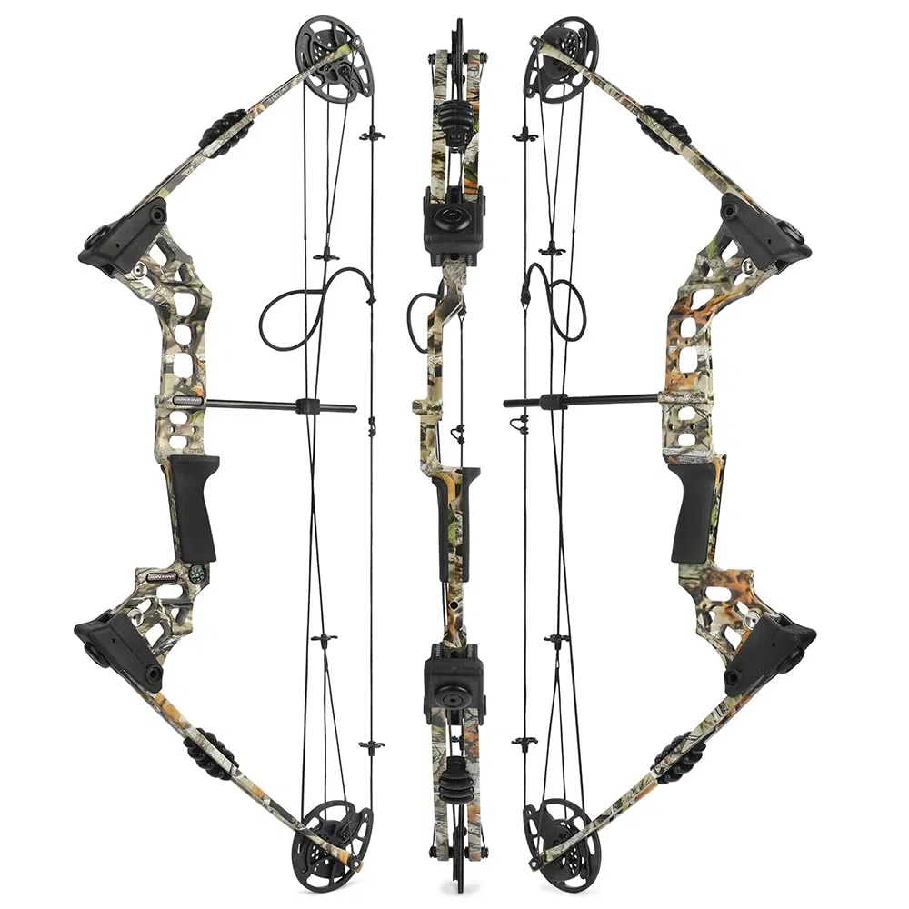 Set arco compound pronto per la caccia - Potenza di trazione 20-70 libbre, lunghezza di trazione 24“-30”, velocità 320 fps, completo di tutti gli accessori per la caccia e il tiro al bersaglio
