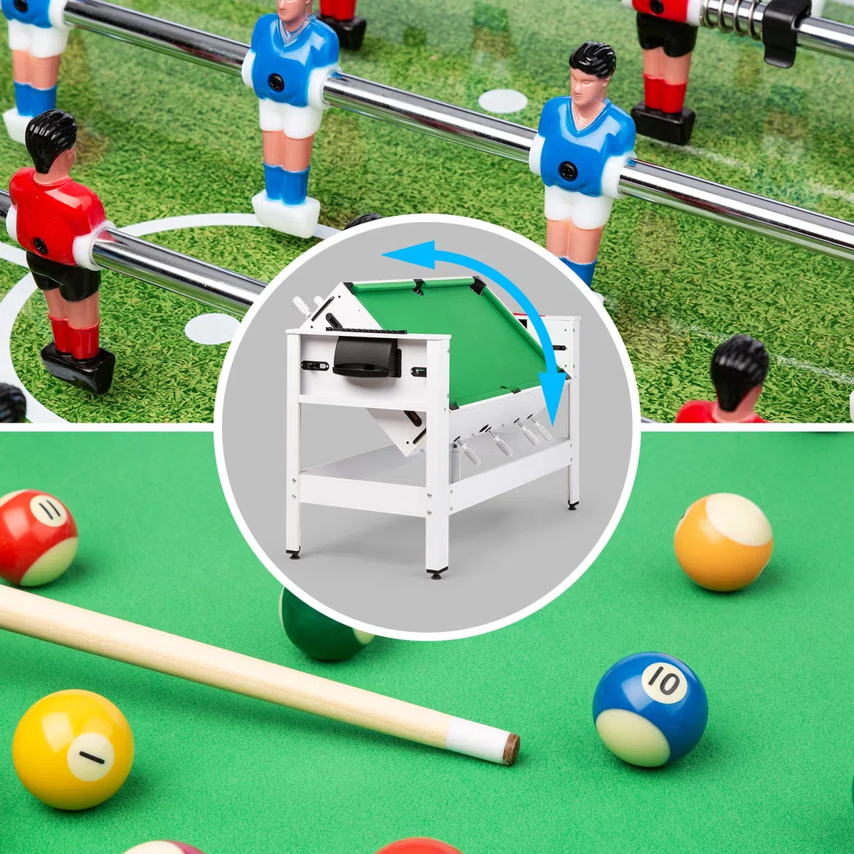 Klarfit Spin 2 in 1 - Calcio Balilla e Tavolo Multigioco Adulti, Biliardo: 105x58 cm, Rivestimento Verde, Biliardino, Accessori Inclusi, Tavolo da Gioco Rotante per rapido Cambio Gioco