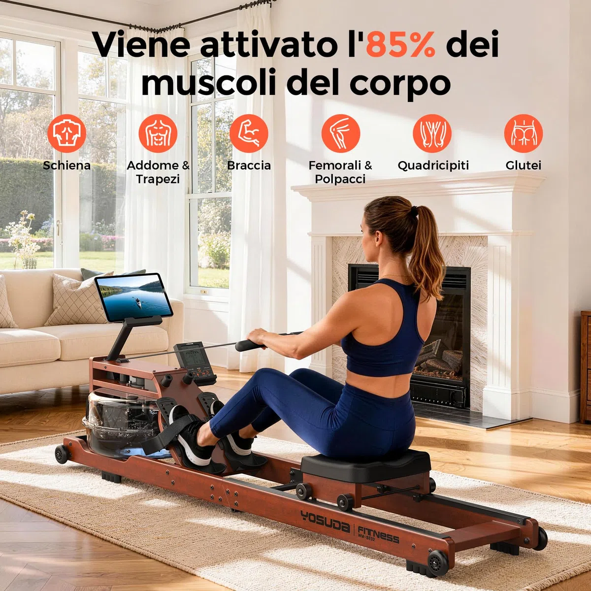 YOSUDA Vogatore pieghevole per casa, grande serbatoio 22L, APP/Bluetooth, design ultra silenzioso, supporto telefono regolabile, 190cm/182kg, pre-assemblato al 98%, vogatore professionale per casa