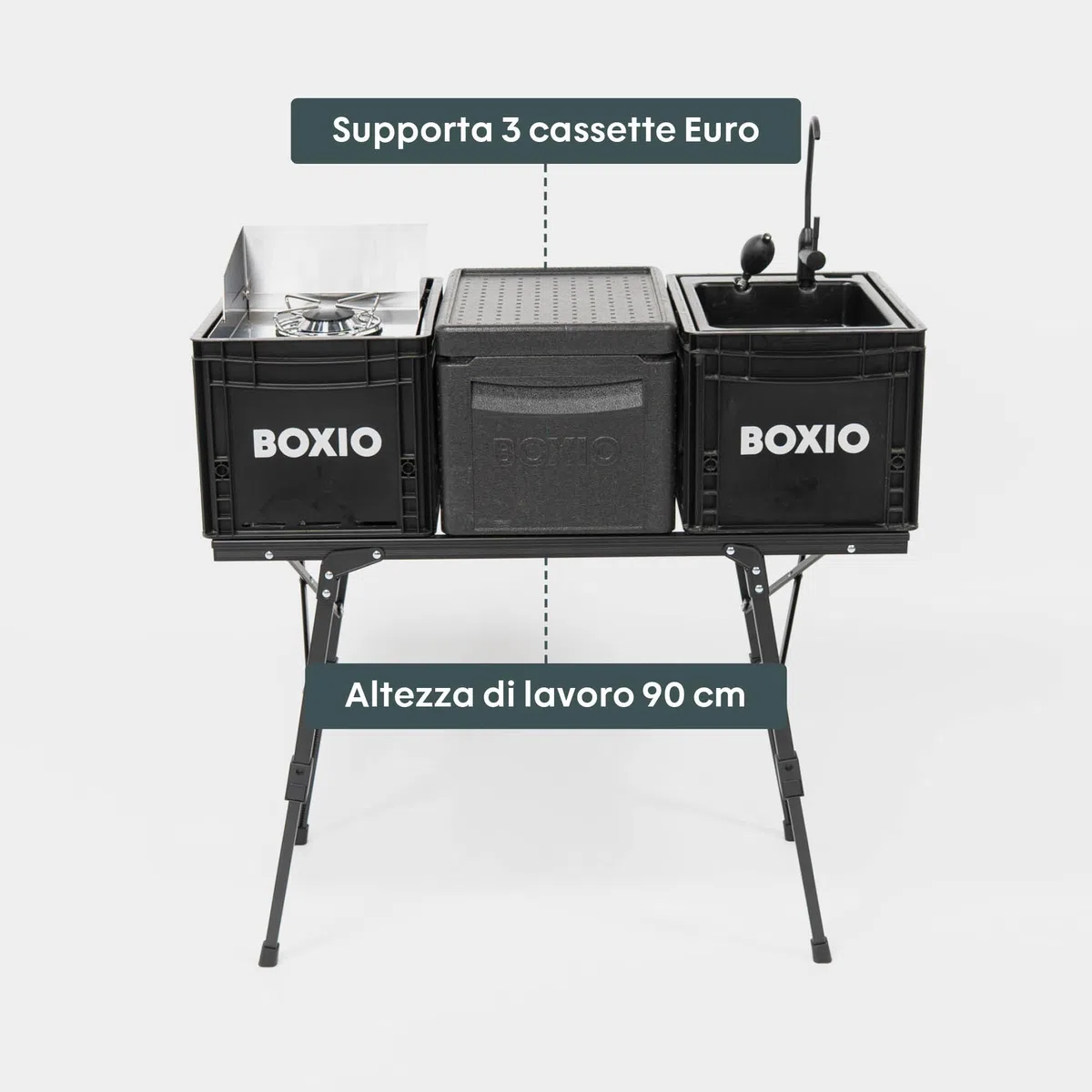 BOXIO - Kitchen Bundle Plus: cucina da campeggio mobile senza elettricità con scatola di cottura, lavabo, fornello a gas e tavolo con accessori per esterni, set di pentole, tagliere per il