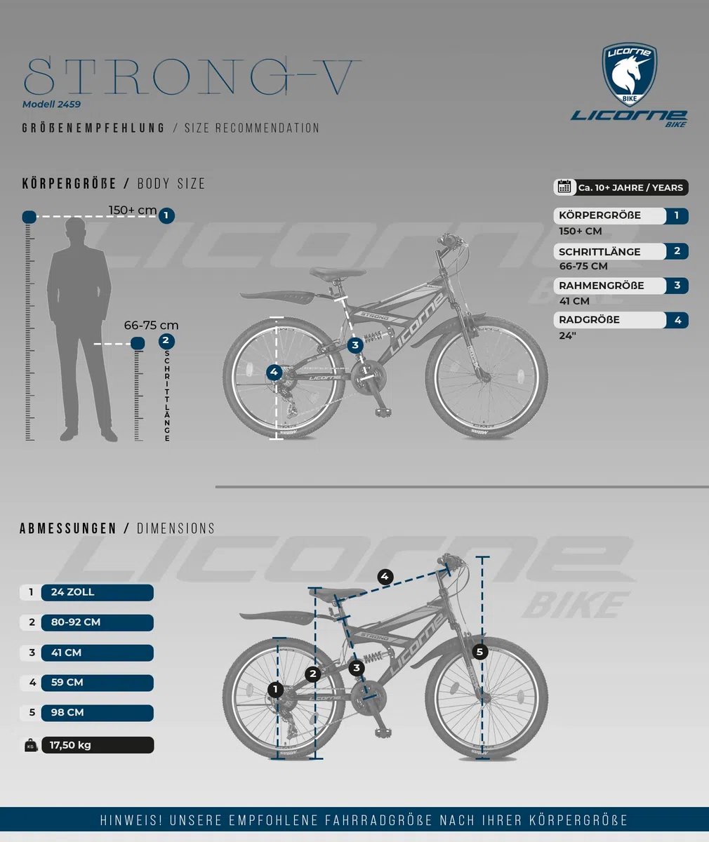 Licorne Bike Premium Mountain Bike Strong da 26 pollici, bicicletta per ragazzi, ragazze, donne e uomini, con cambio Shimano a 21 marce, sospensioni complete