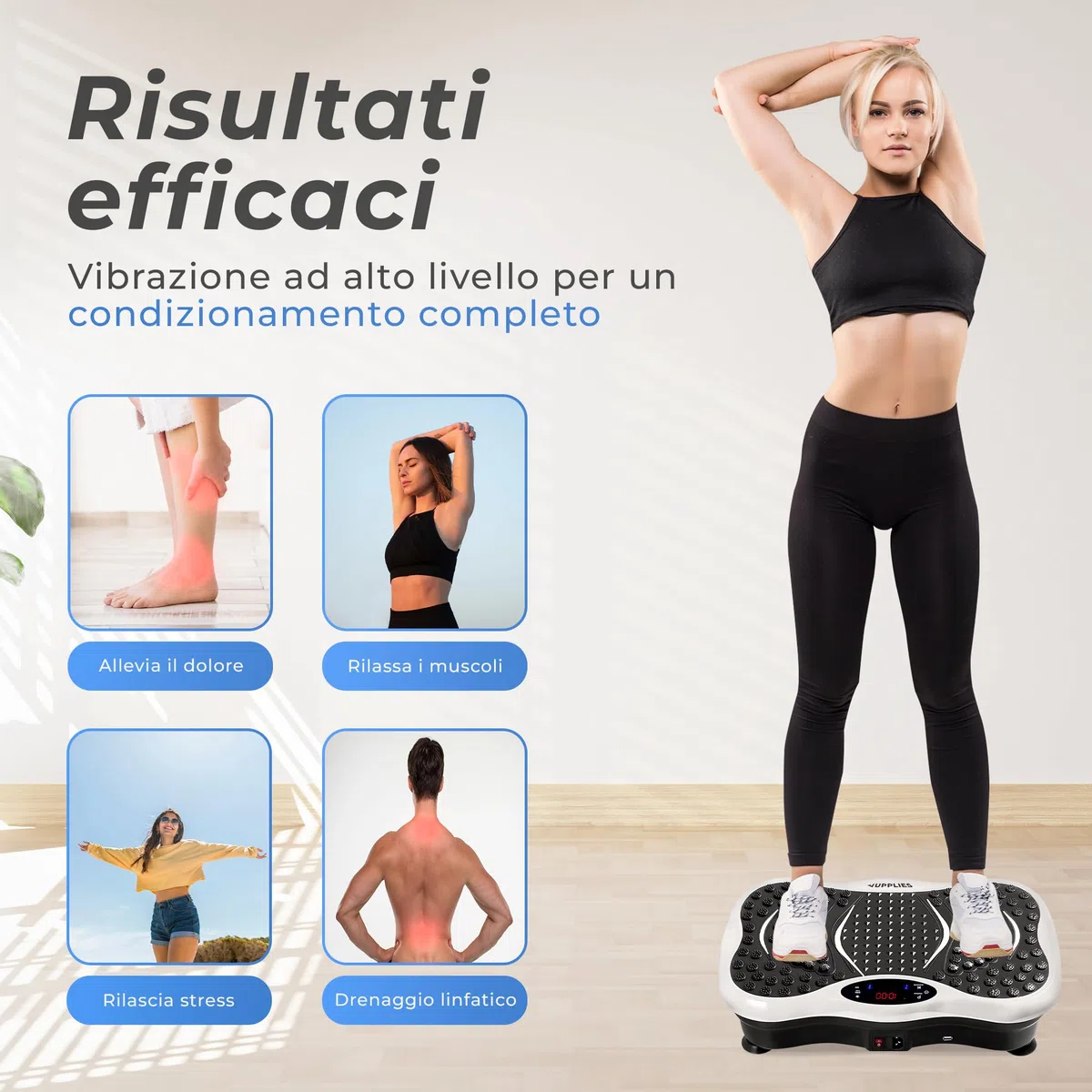 JUPPLIES Pedana Vibrante Dimagrante con 5 Programmi Automatici, 5 Bande Elastiche e Bluetooth – Piastra Vibrante Fitness per Allenamento, Recupero Muscolare e Circolazione Gambe