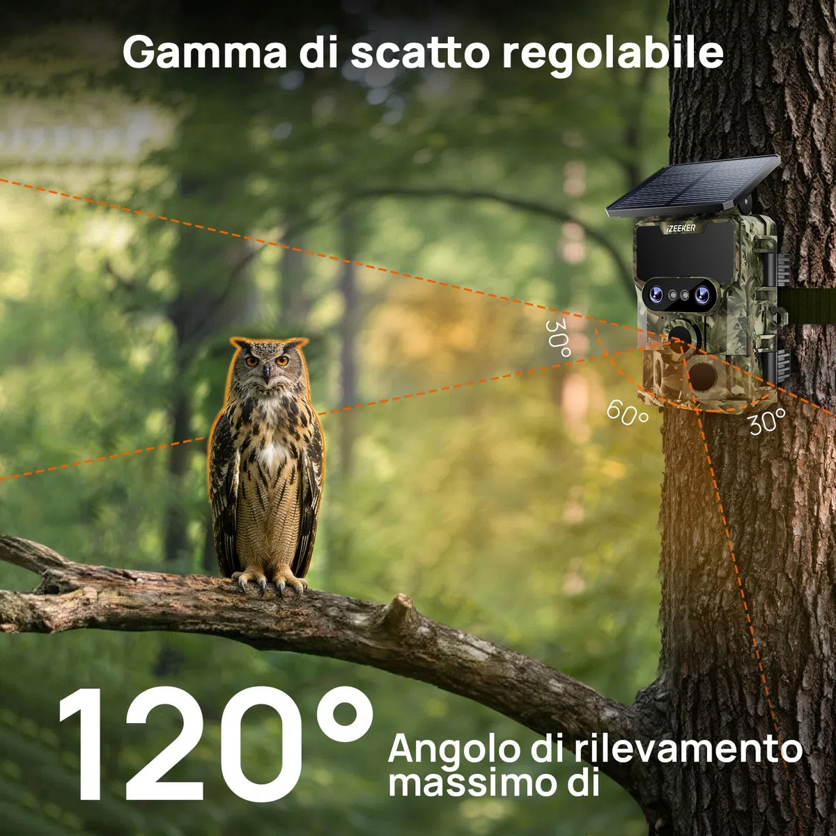 iZEEKER iG600 Fototrappola con Doppia Lente 4K 30fps 64MP, con Scheda SD 32GB, WiFi Bluetooth Fotocamera Caccia Visione Notturna Starlight Angolo di Rilevamento 120° Tempo di Trigger 0,1s IP66