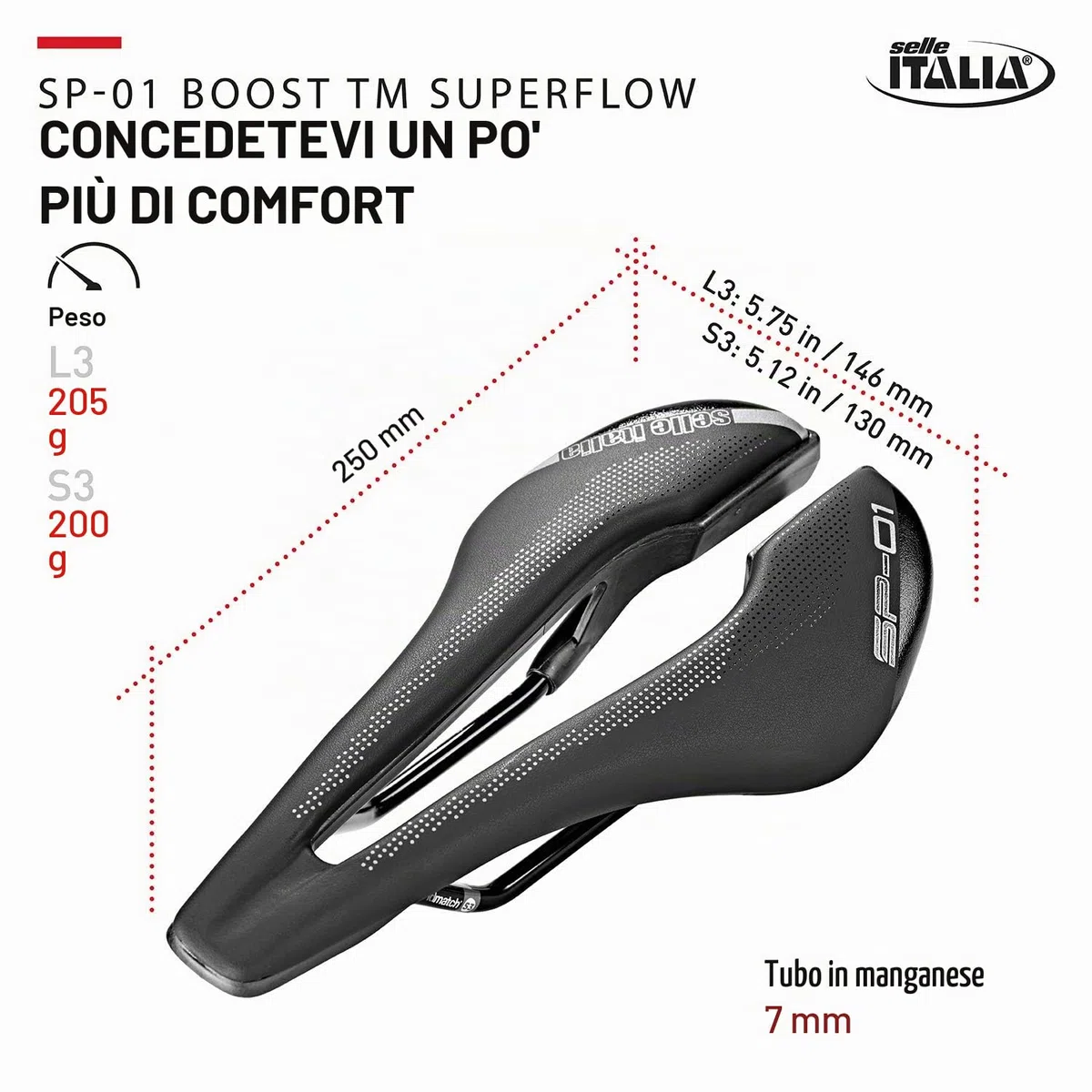 Selle Italia Sp-01 Boost Tm Superflow - Sella Bicicletta da Strada con Design Moderno, Comoda con Foro Superflow Unisex Adulto