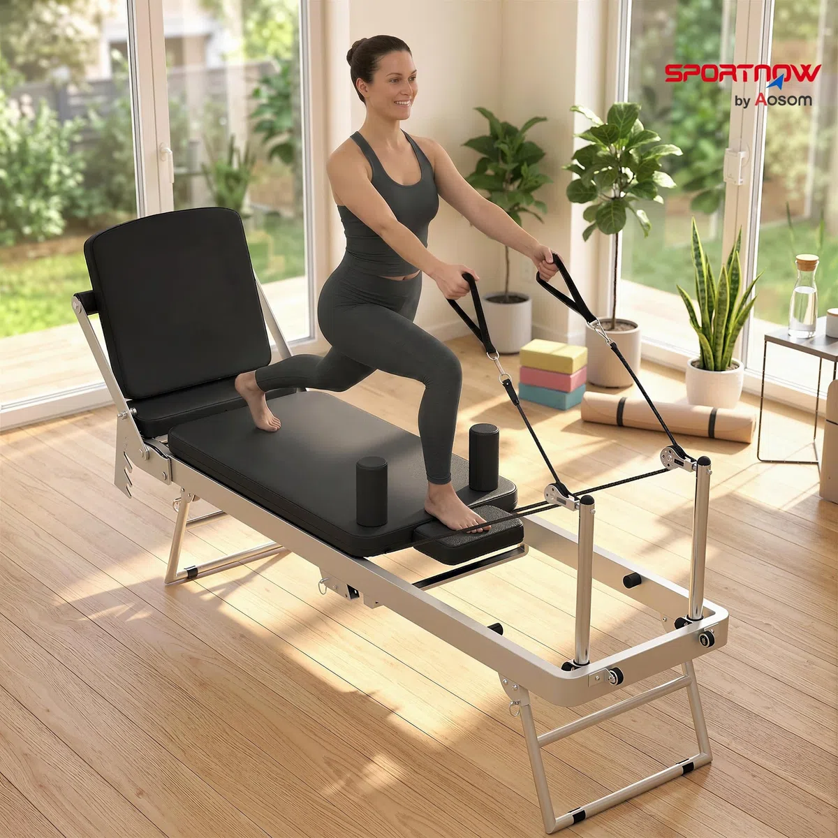 SPORTNOW Reformer Pilates per Casa Pieghevole con Resistenza Regolabile, Macchina Pilates Reformer con Barra Poggiapiedi e Sistema Pulegge Regolabile, Molle, Allenamento Palestra Casa Principianti