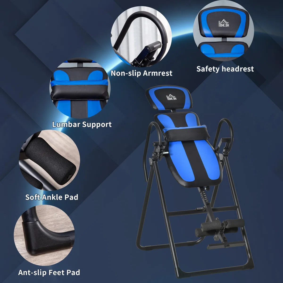 HOMCOM Tavolo ad inversione pieghevole, panca per stretching con trainer a gravità per la terapia della schiena con cuscini per le caviglie fino a 110 kg - acciaio, nero e blu