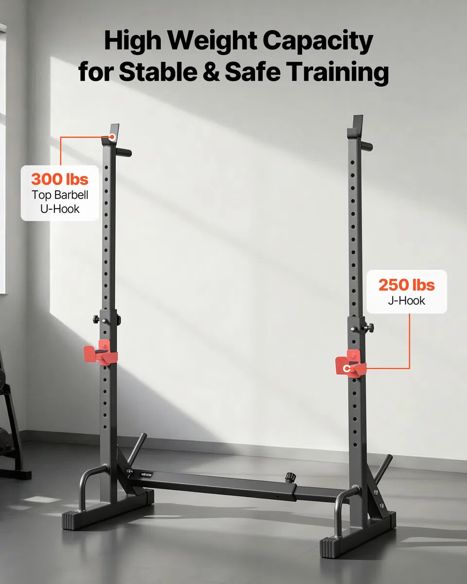 VEVOR Stazione di Forza Sportiva con Altezza e Larghezza Regolabili, Attrezzatura per Allenamento della Forza da 250 kg con Supporti per Bilanciere e Ganci a J per Distensioni su Panca