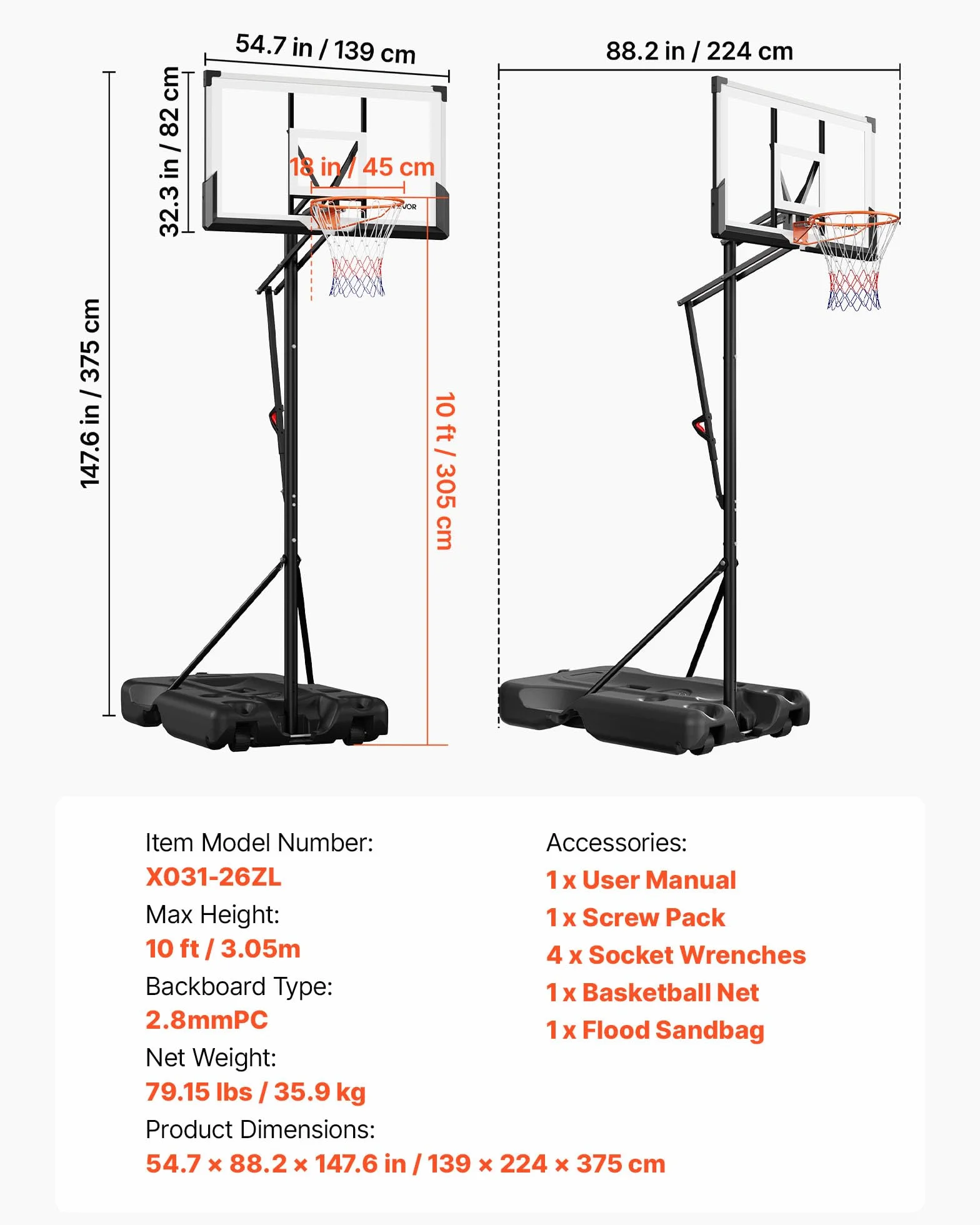 VEVOR Supporto da Basket Portatile Massimo 3,05 m Pallacanestro da Esterno con Piedistallo Regolabile in Altezza Design di Sollevamento, con Ruote e Tabellone PC da 1371,6 mm, per Cortili, Scuole